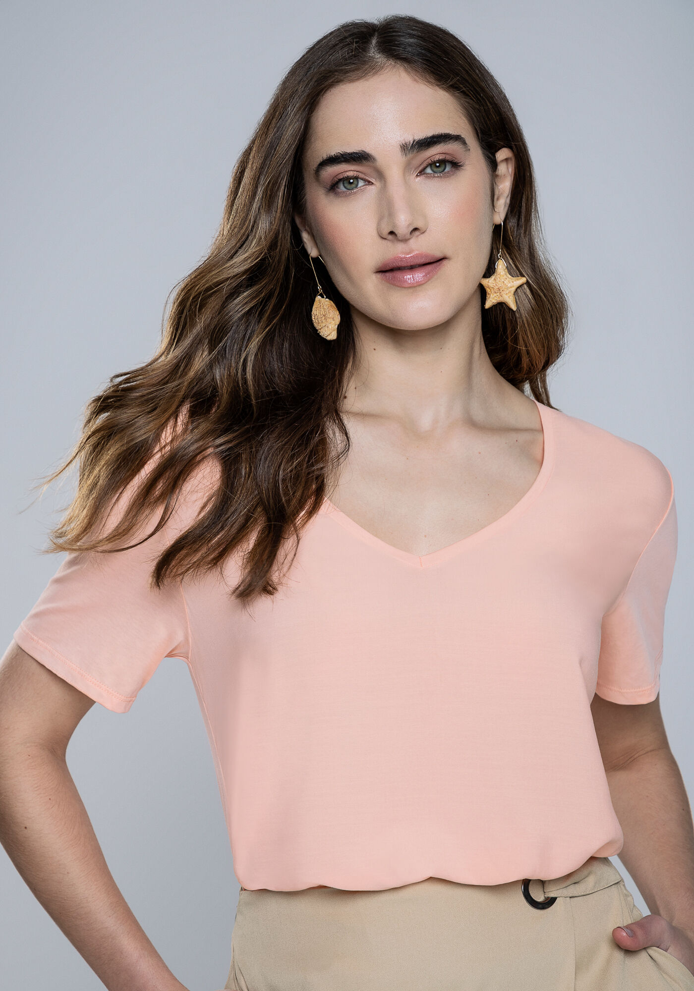 Blusa Manga Curta em Meia Malha com Decote V, , large.