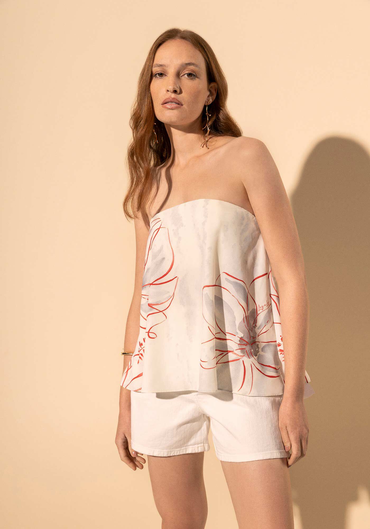 Blusa Sem Al&ccedil;as Estampada Com Decote Nas Costas, FLORADA BEGE, large.