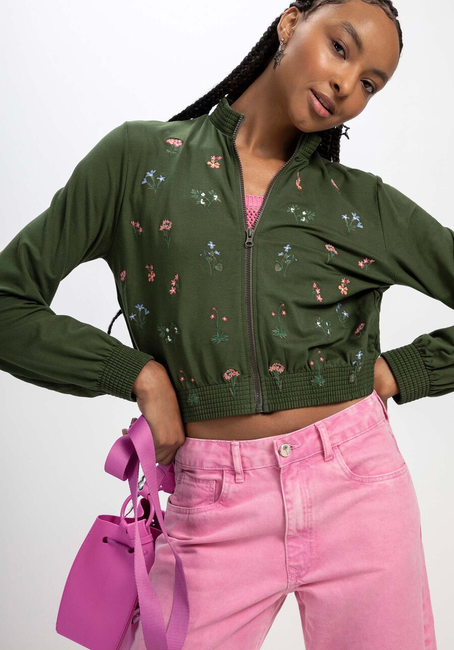 Jaqueta Cropped em Moletom Bordada, . Jaqueta Cropped em Moletom Bordada, , large.