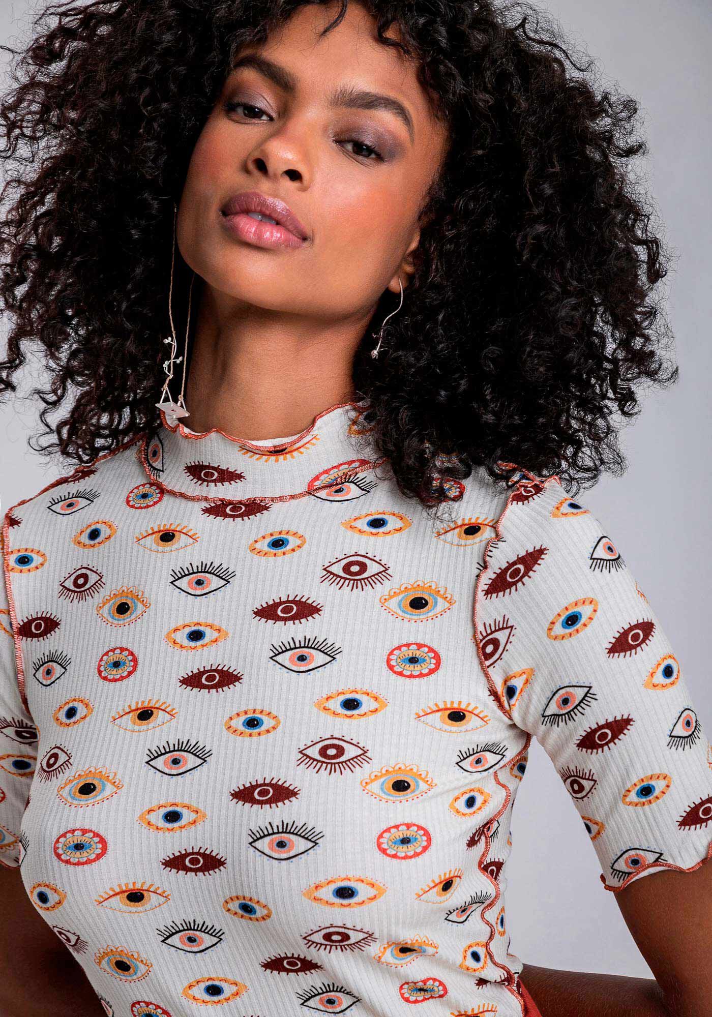 Blusa Canelada Gola Alta com Pic&ocirc;, OLHARES, large.