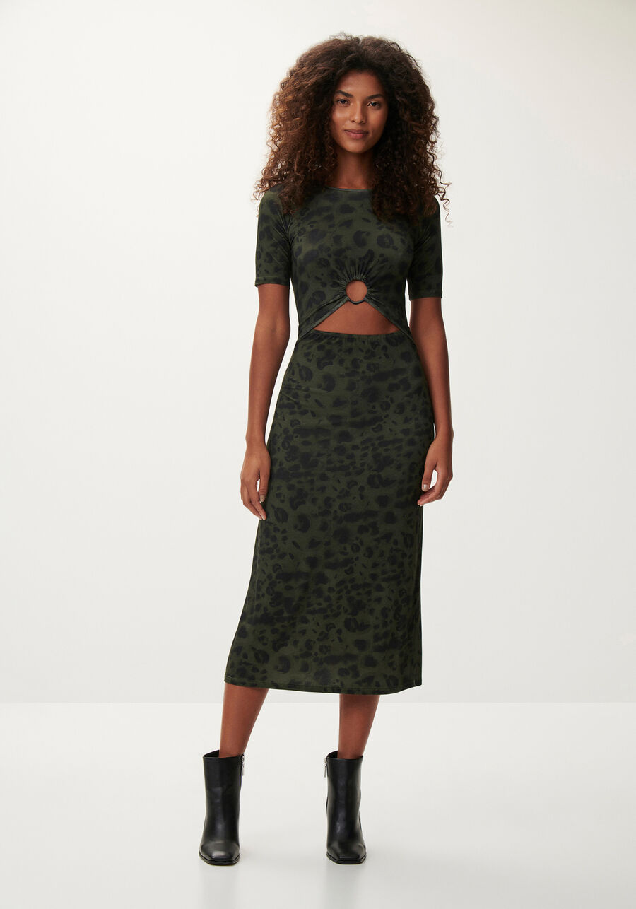 Vestido Midi Estampado com Cut e Detalhe Argola, . Vestido Midi Estampado com Cut e Detalhe Argola, , large.