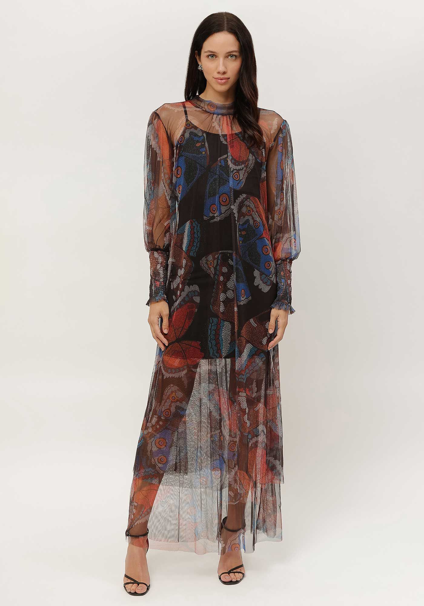 Vestido Longo em Tule Estampado com Cinto, , large.