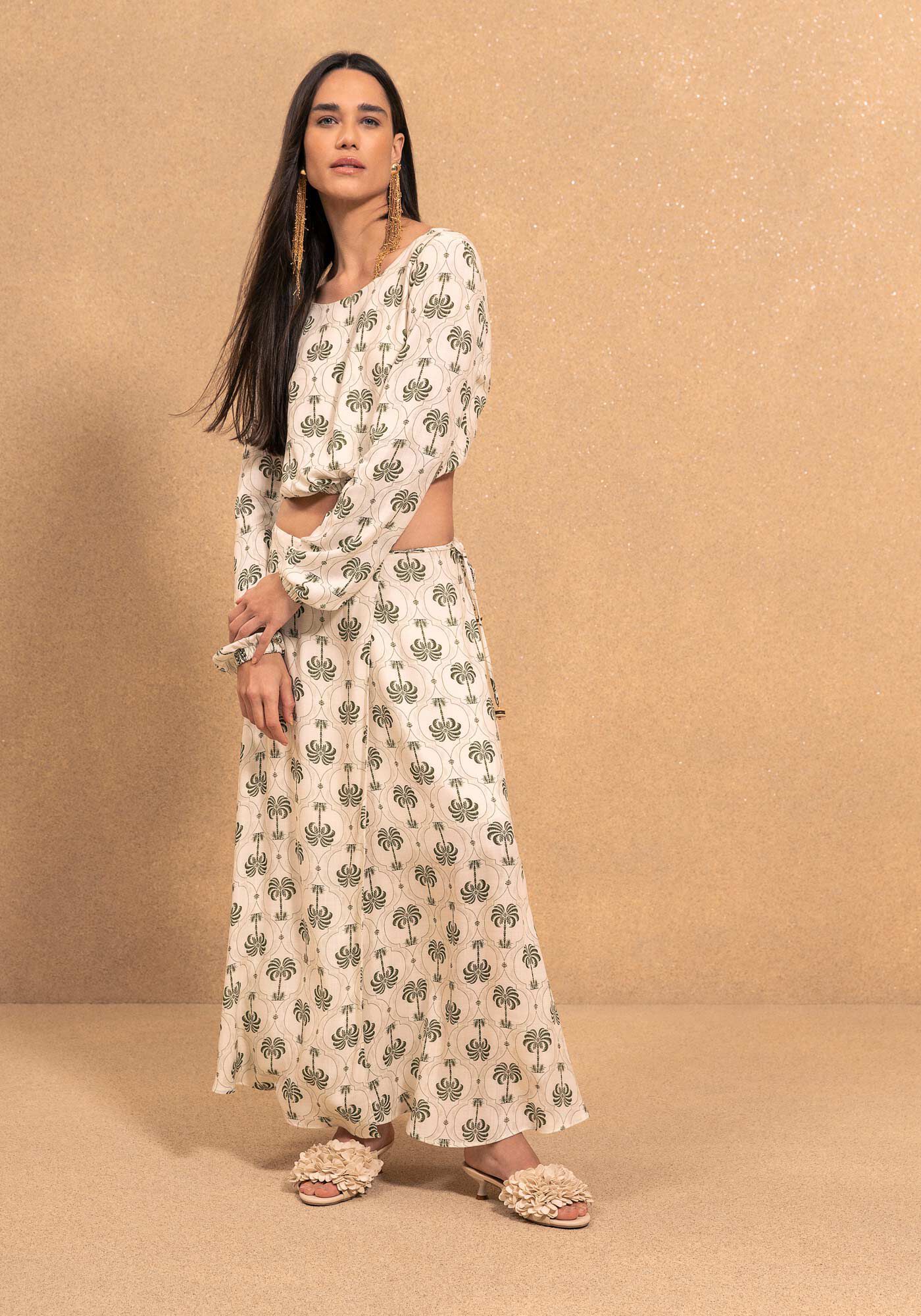 Blusa Curta Estampada De Mangas Longas Com Tor&ccedil;&atilde;o Posterior, MAXI PALM VERDE, large.