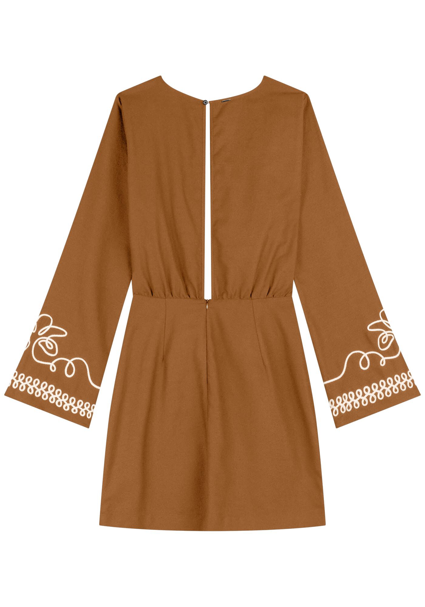 Vestido Curto De Mangas Longas Com Bordados Em Relevo, , large.