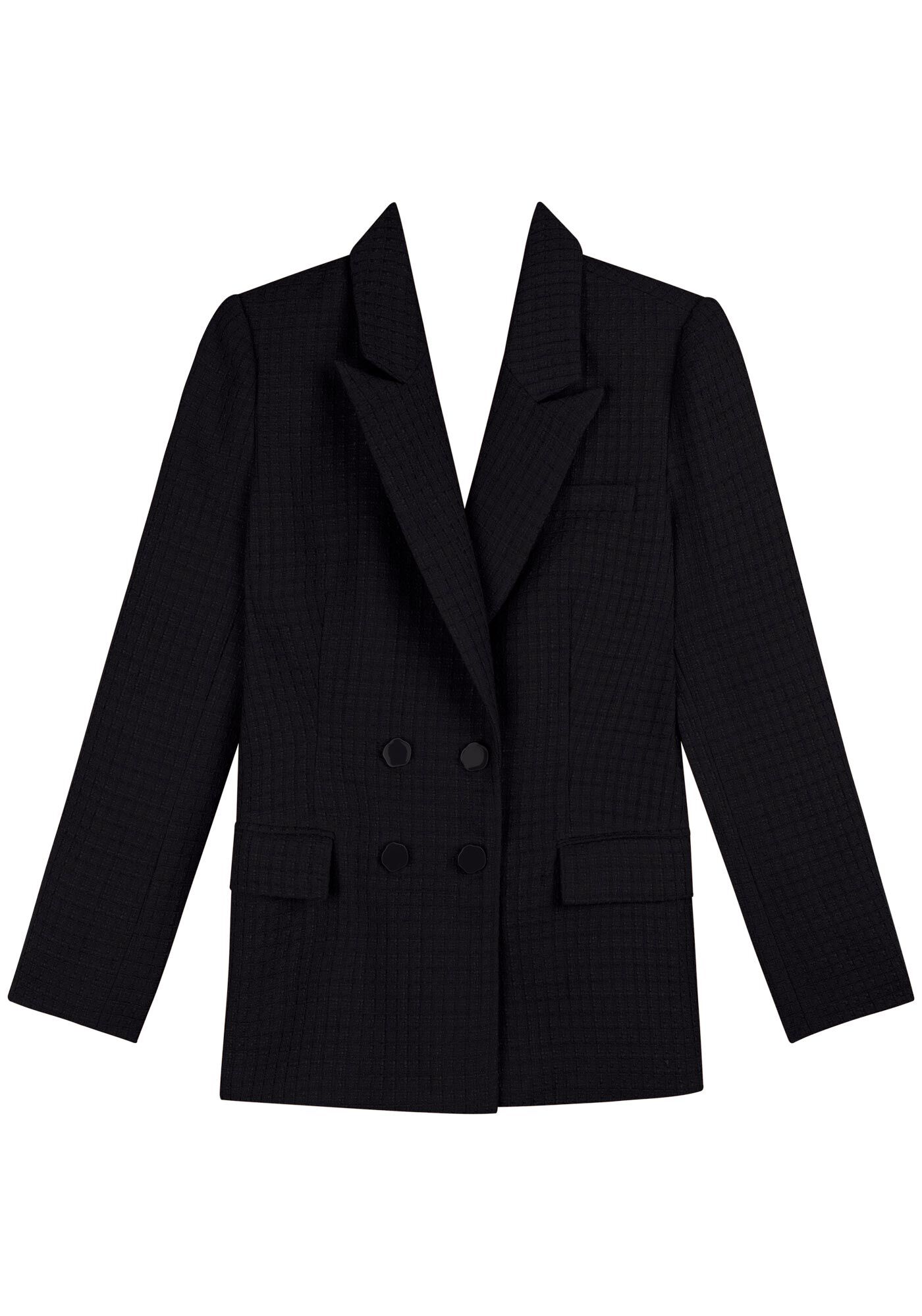 Blazer Alongado Em Tweed Com Lapelas E Bot&otilde;es Frontais, PRETO, large.