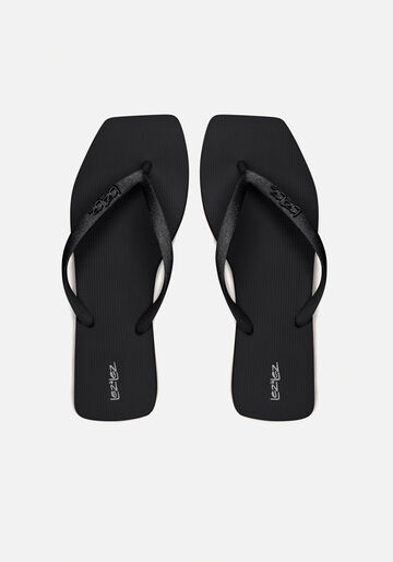 Chinelo Feminino De Tiras Com Glitter E Frente Quadrada, PRETO. Chinelo Feminino De Tiras Com Glitter E Frente Quadrada, PRETO, large.