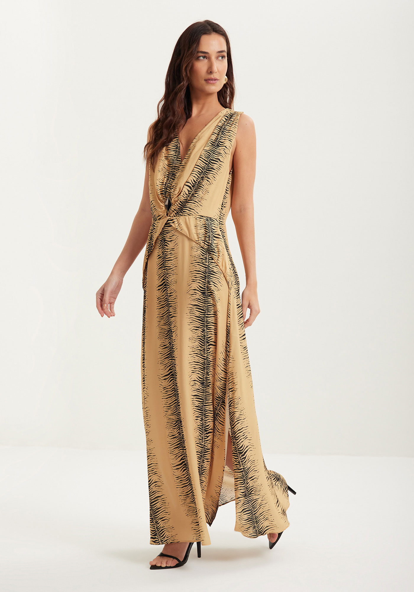 Vestido Longo Estampado Com Decote Em V E Enfeite, , large.