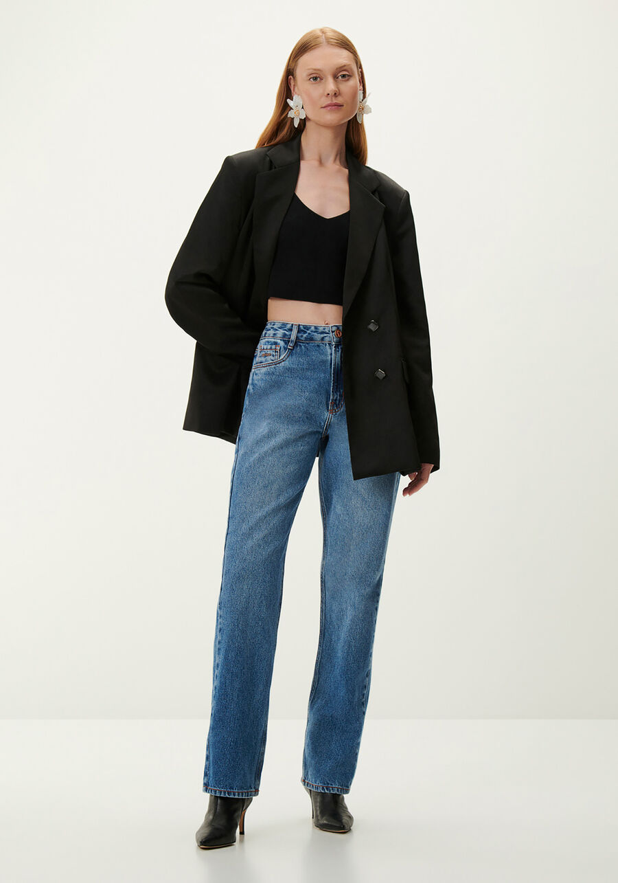 Calça Jeans Reta Estonada com Cintura Média, JEANS. Calça Jeans Reta Estonada com Cintura Média, JEANS, large.