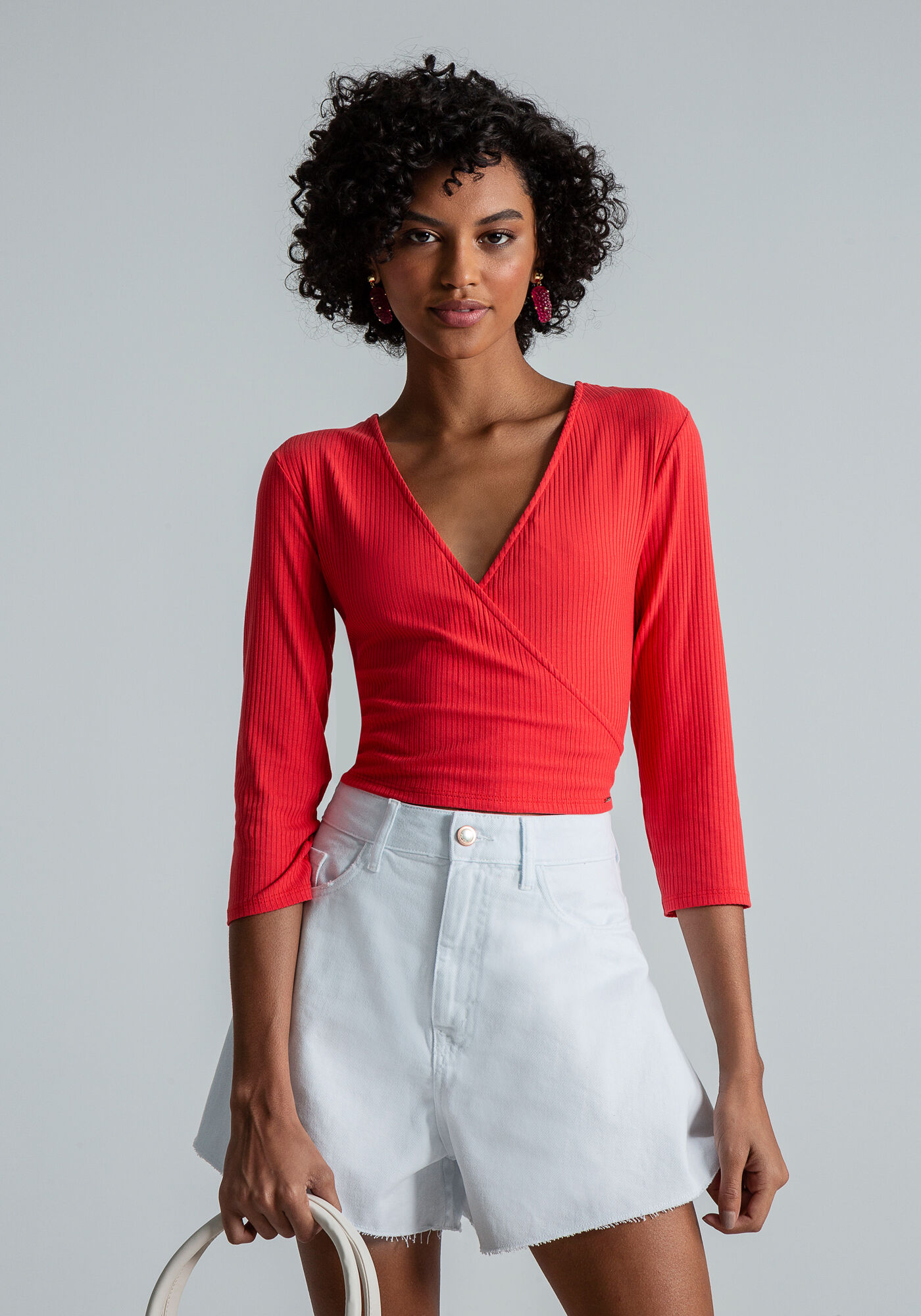 Blusa Manga 3/4 Cropped Transpasse, VERMELHO, large.