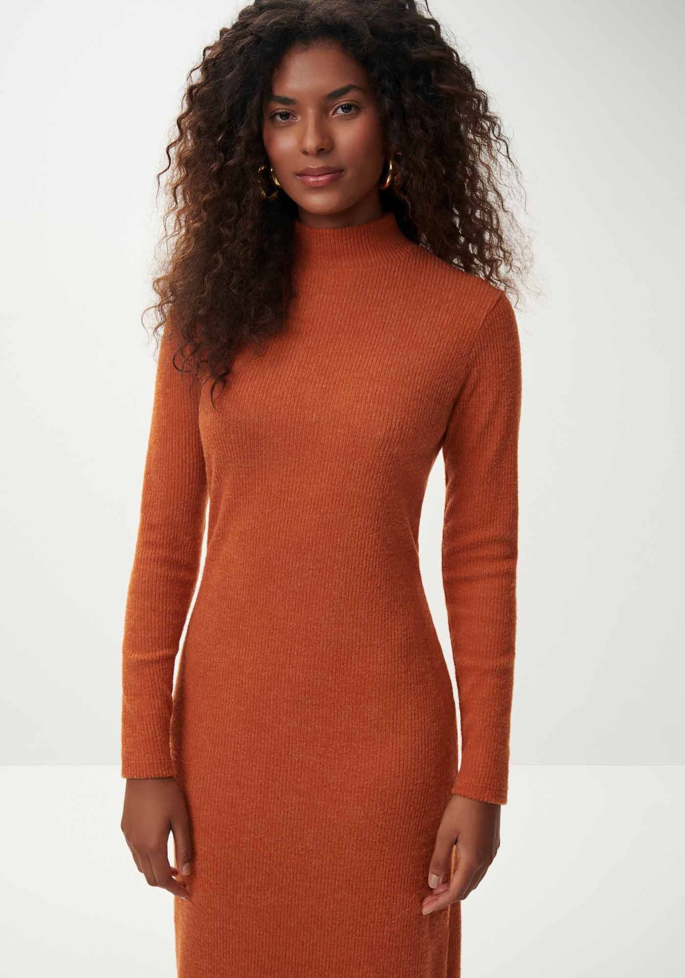 Vestido Midi Manga Longa Canelado com Gola, LARANJA RUST, large.