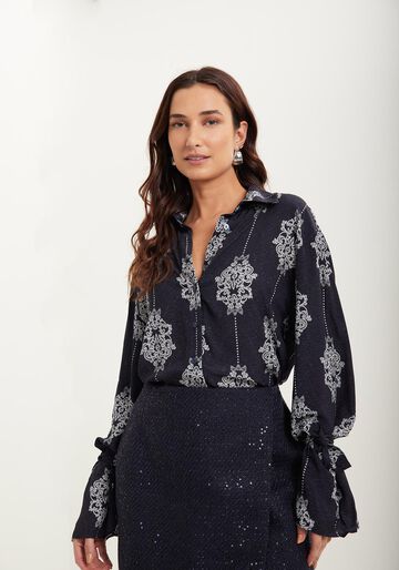 Camisa Alongada Estampada Em Viscose Com Amarrações, CUTWORK MARINHO. Camisa Alongada Estampada Em Viscose Com Amarrações, CUTWORK MARINHO, large.