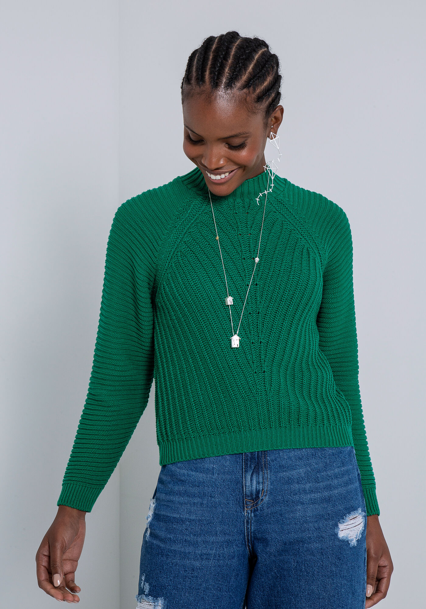 Blus&atilde;o Manga Longa em Tric&ocirc; com Gola Alta, VERDE GLIMMER, large.