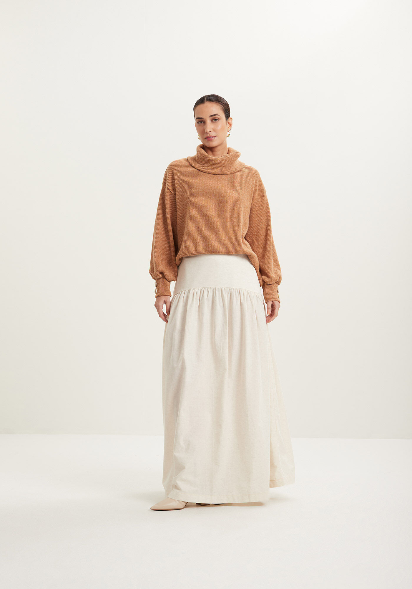 Blusa De Mangas Longas Em Malha Canelada Com Gola Alta, , large.