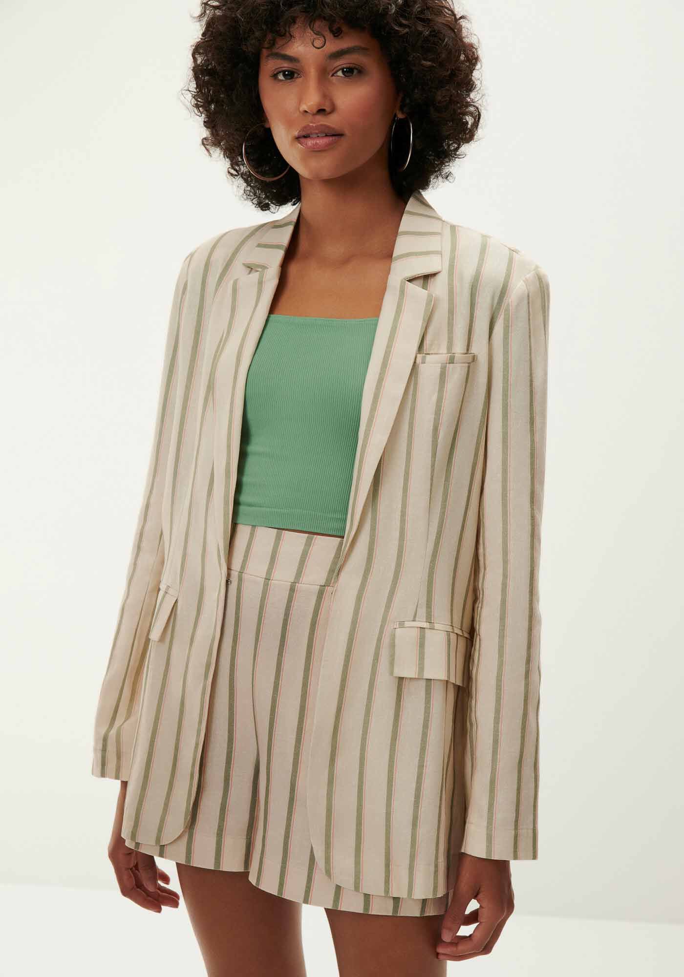 Blazer Alfaiataria Alongado em Linho Listrado, , large.