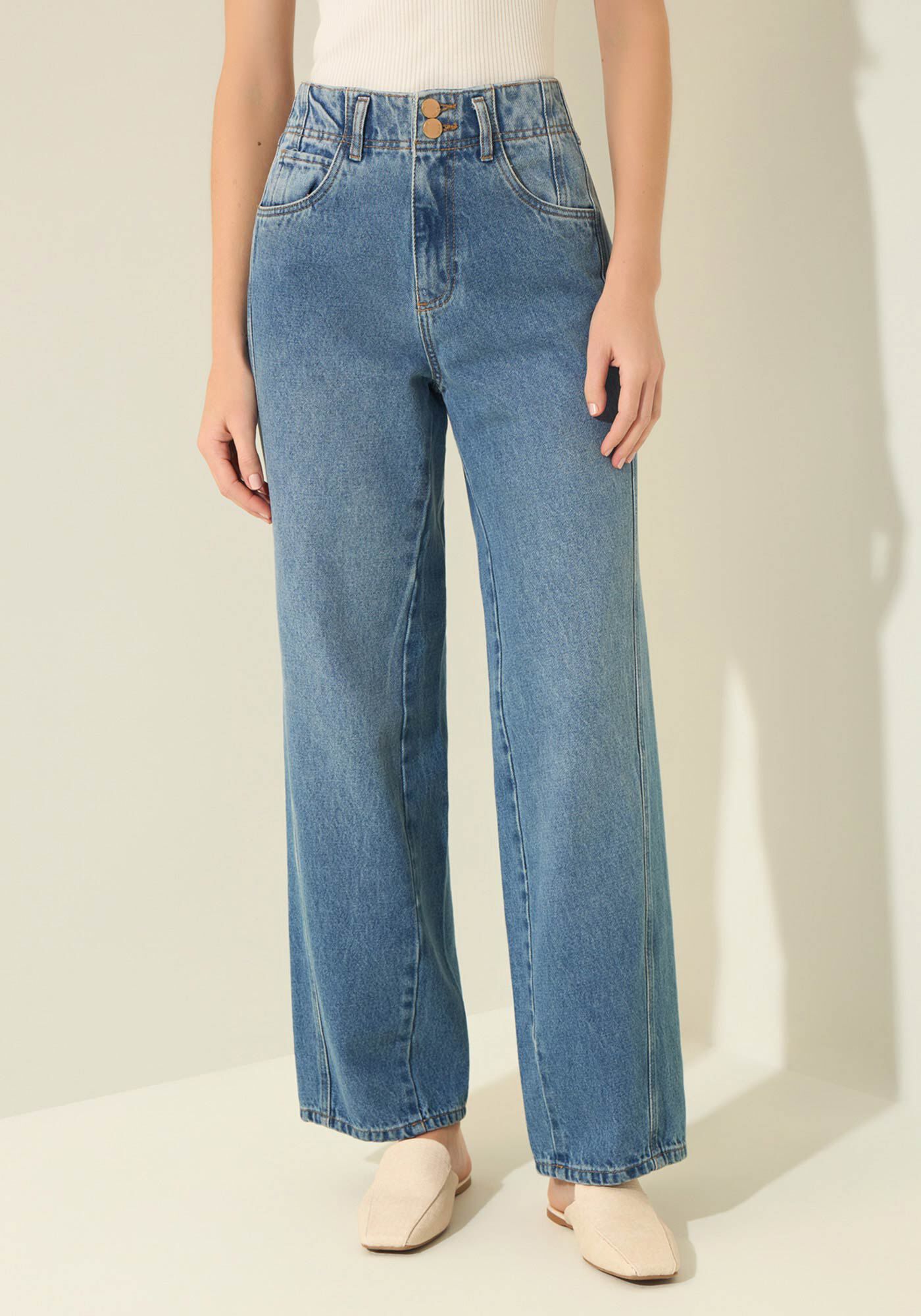 Cal&ccedil;a Jeans Slim De Cintura Alta Com Recortes, JEANS, large.