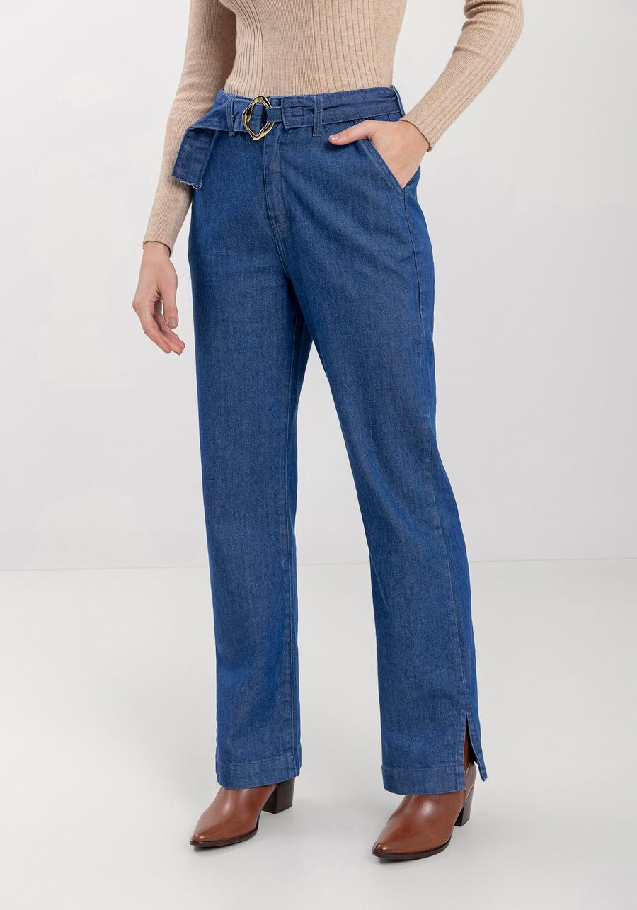 Calça Jeans Reta Com Fendas Na Barra E Cinto, . Calça Jeans Reta Com Fendas Na Barra E Cinto, , large.