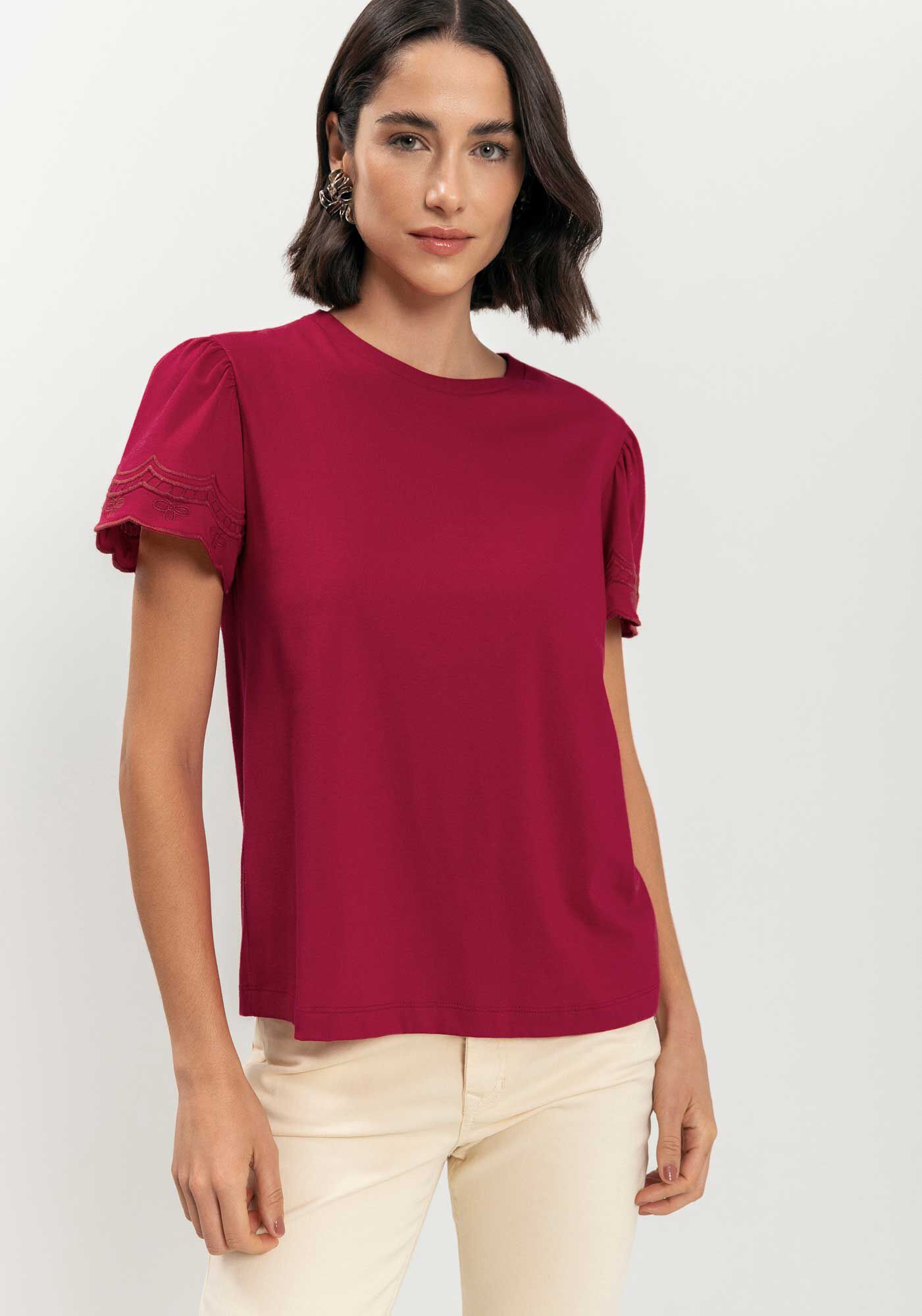 Blusa T-shirt Com Mangas Curtas Bordadas Em Algod&atilde;o Penteado, , large.