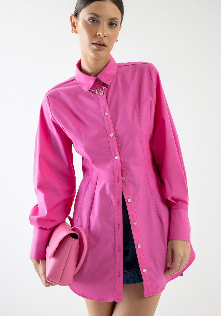 Camisa Manga Longa Alongada com Pregas, ROSA PINK BOOM. Camisa Manga Longa Alongada com Pregas, ROSA PINK BOOM, large.