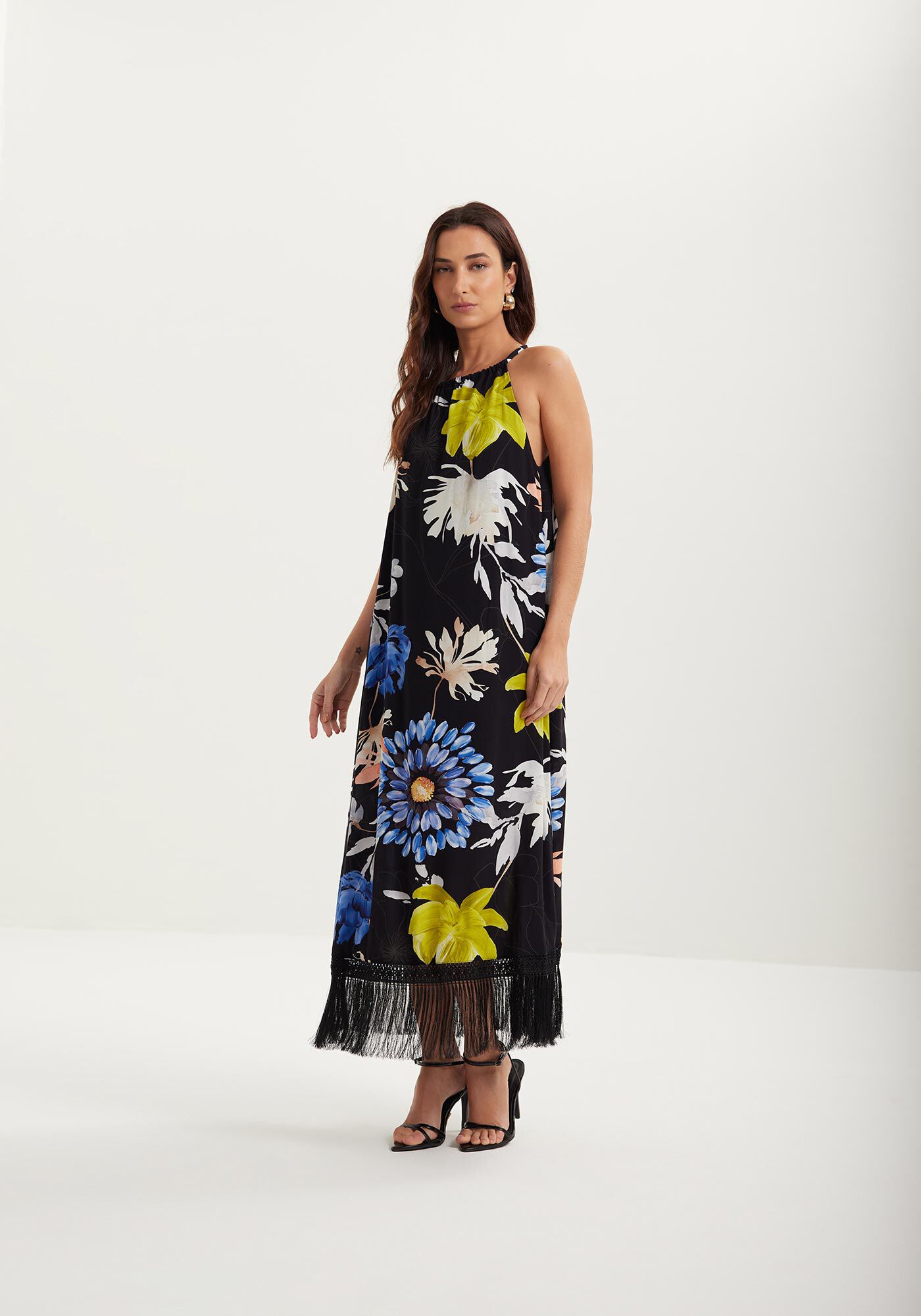 Vestido Longo Estampado Com Franjas Na Barra, , large.