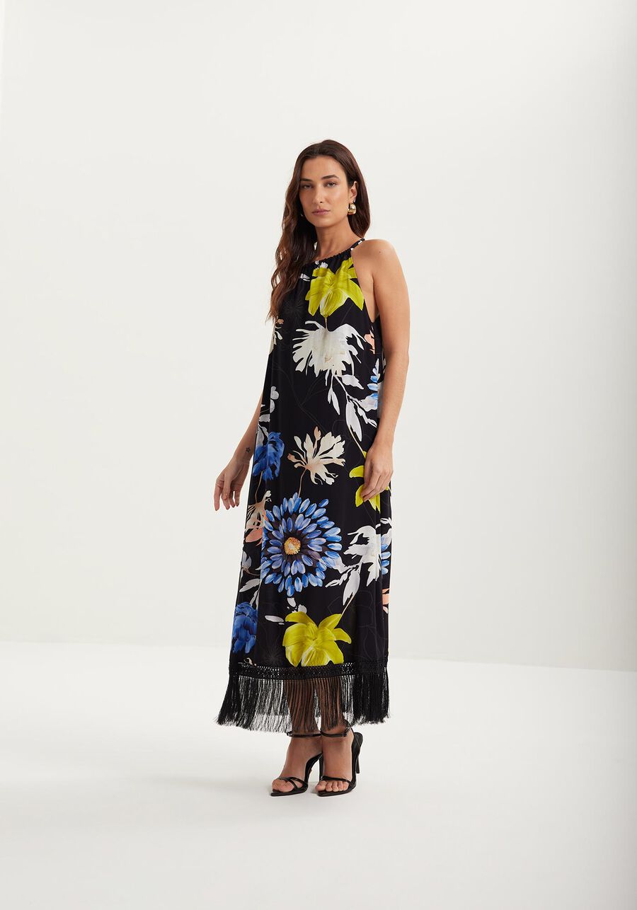 Vestido Longo Estampado Com Franjas Na Barra, . Vestido Longo Estampado Com Franjas Na Barra, , large.