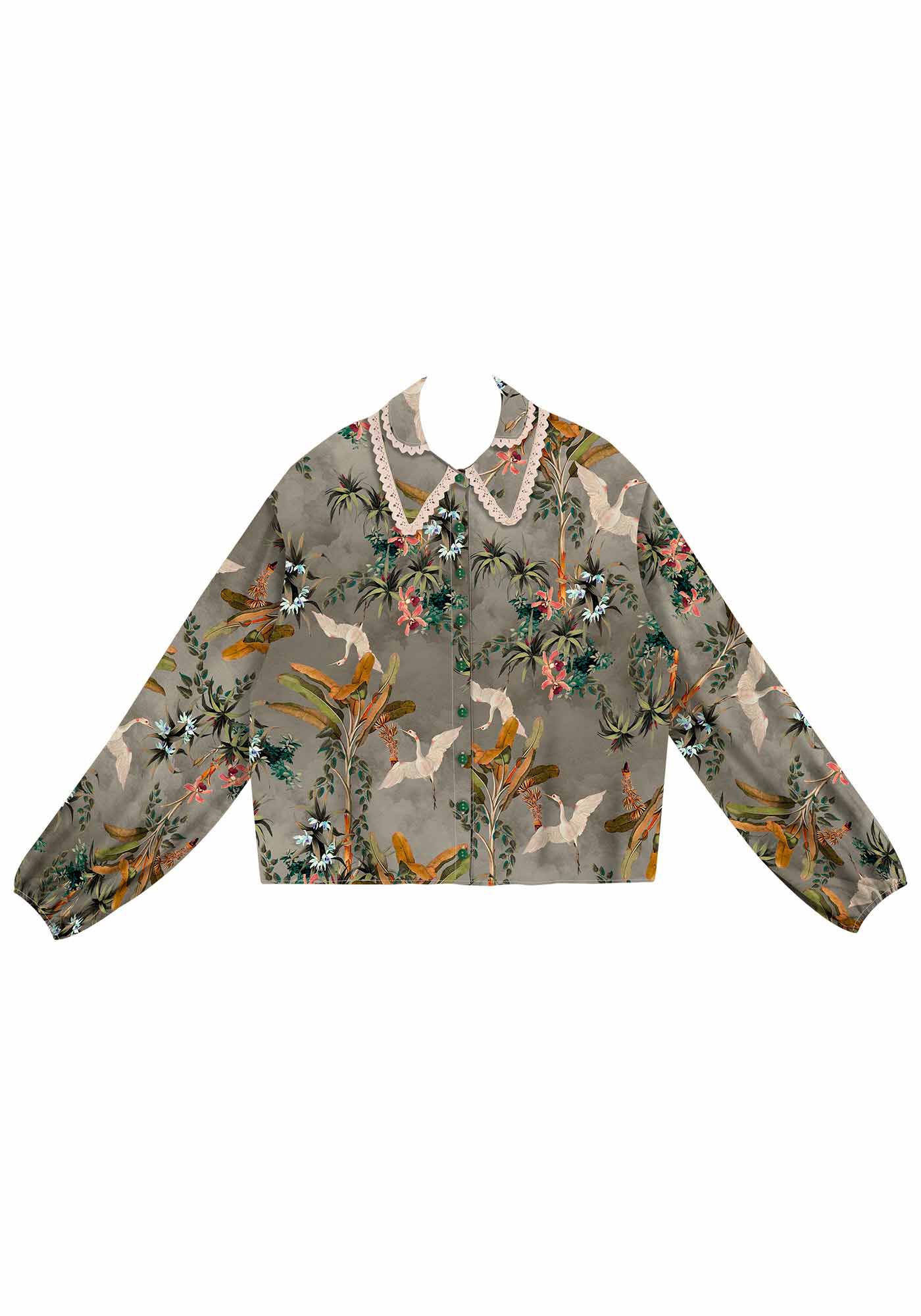 Camisa Manga Longa Estampada com Renda Gola, , large.