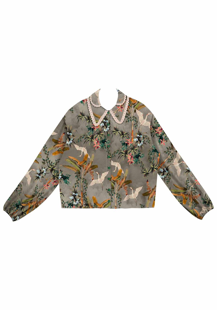 Camisa Manga Longa Estampada com Renda Gola, . Camisa Manga Longa Estampada com Renda Gola, , large.