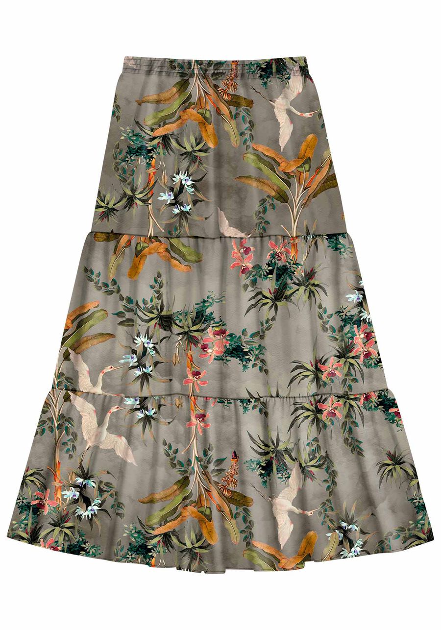 Saia Midi Estampada em Viscose com Babados, . Saia Midi Estampada em Viscose com Babados, , large.