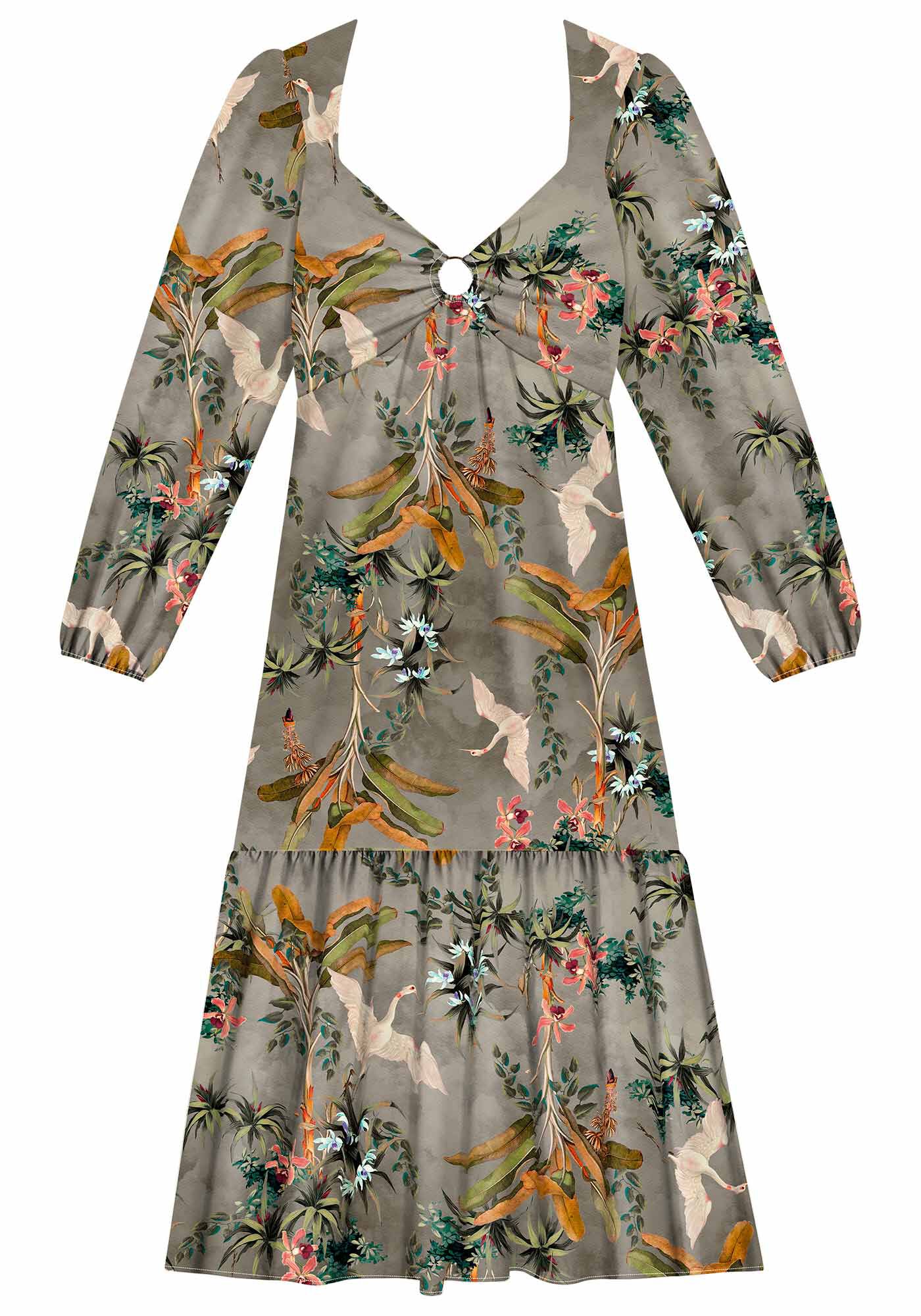Vestido Manga Longa Estampado com Detalhe Busto, , large.