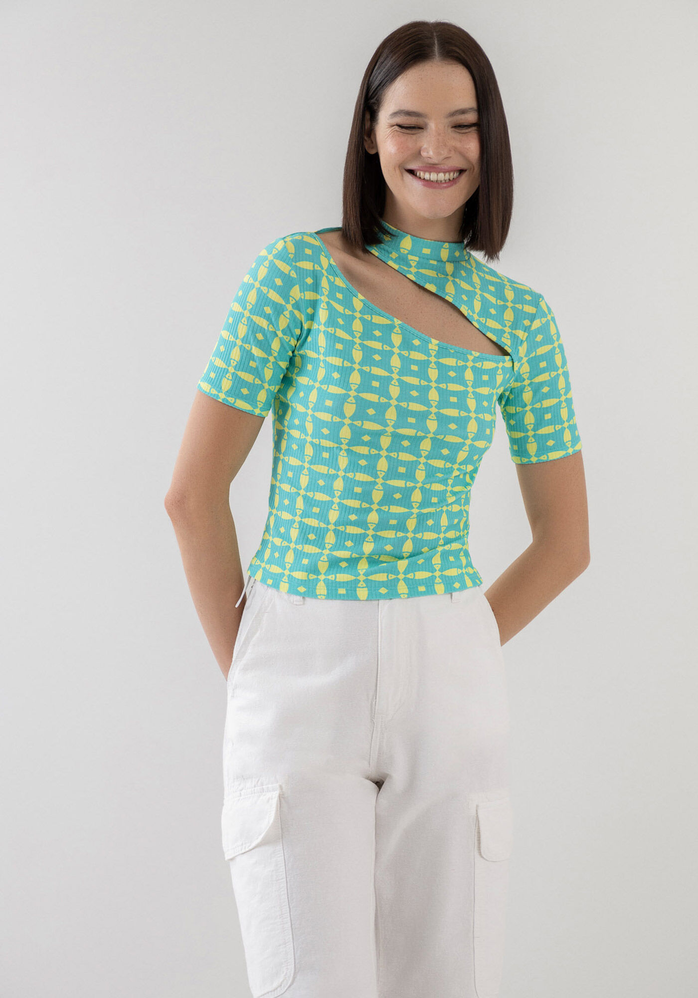 Blusa Canelada Estampada com Cut Out, , large.