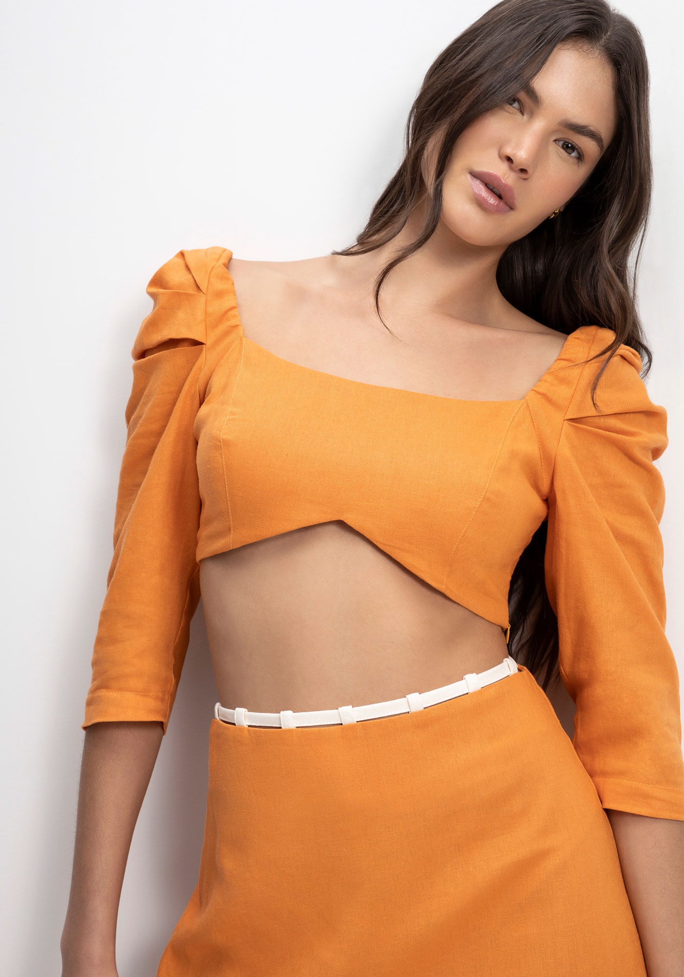 Blusa Cropped em Linho com Pregas Manga, , large.