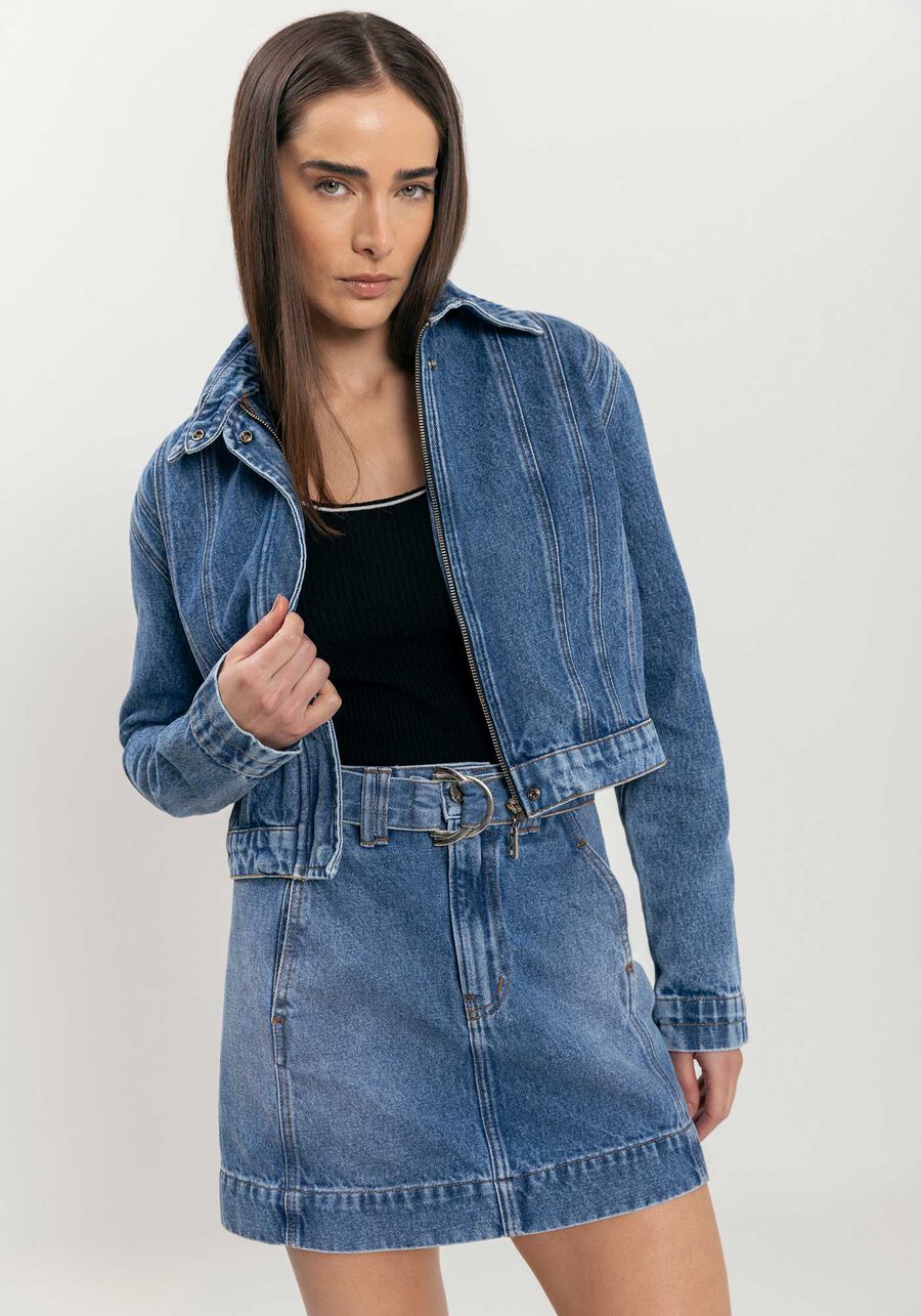 Saia Jeans Curta Com Cintura Alta E Cinto, JEANS. Saia Jeans Curta Com Cintura Alta E Cinto, JEANS, large.