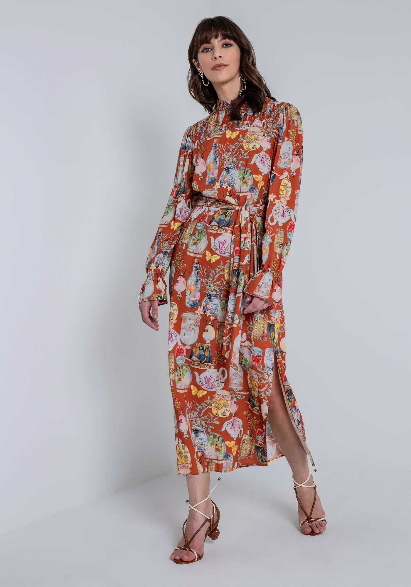 Vestido Midi Estampado com Lastex Cinto, , large.