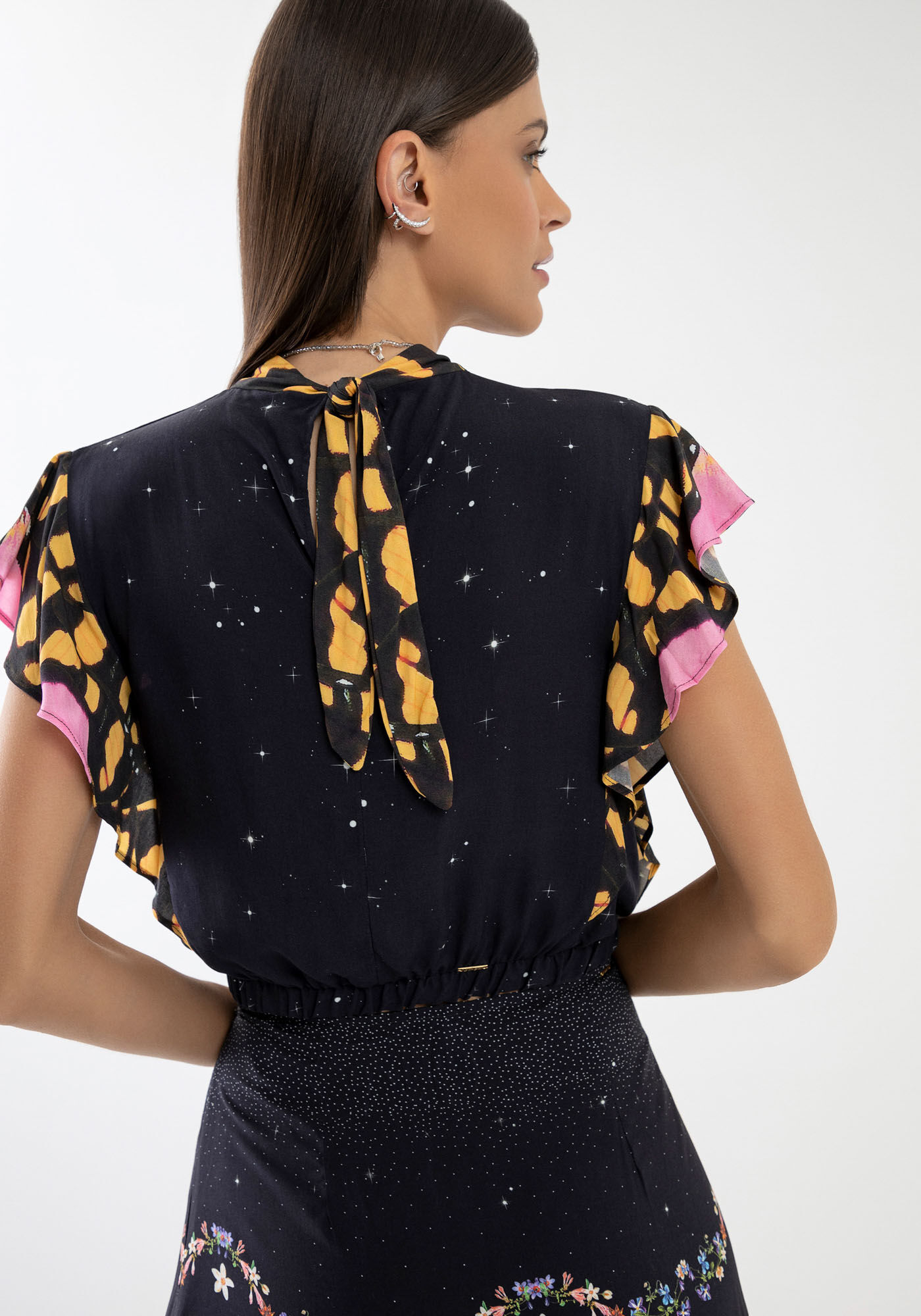 Blusa Cropped Estampada em Viscose com Babados, , large.