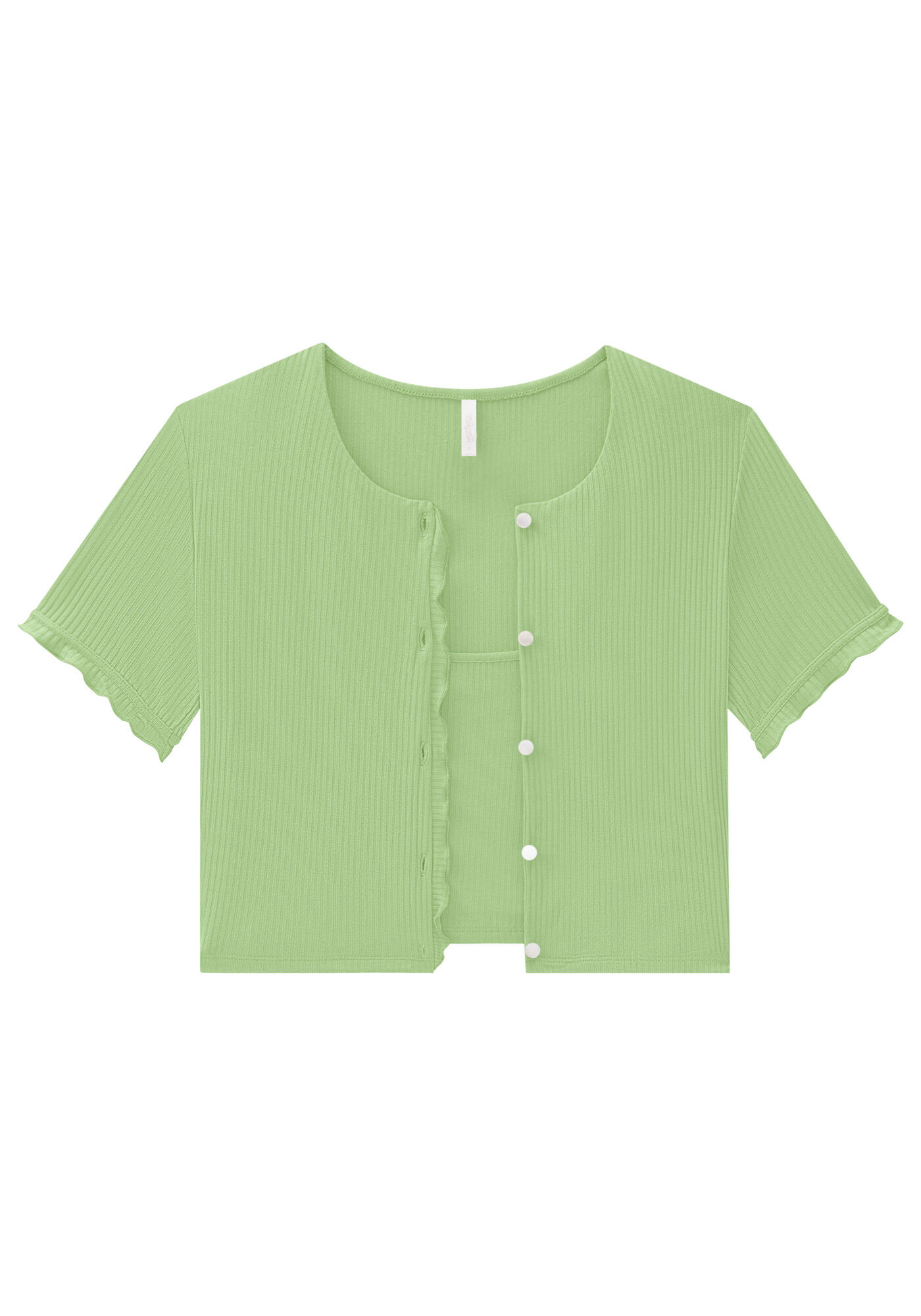 Cardigan Manga Curta Canelado com Top Cropped, VERDE PORTULACA, large.