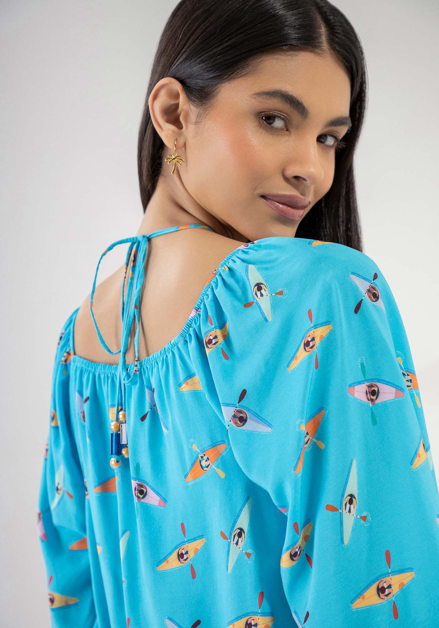 Blusa Ampla Estampada em Viscose com Manga Flare, , large.