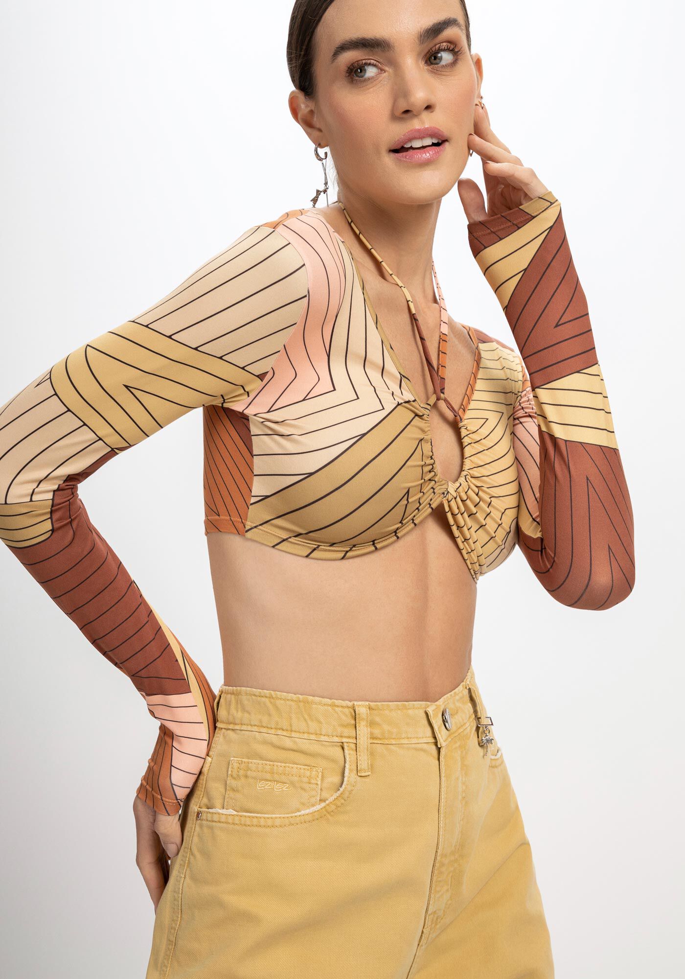 Blusa Cropped Manga Longa com Amarra&ccedil;&atilde;o, , large.