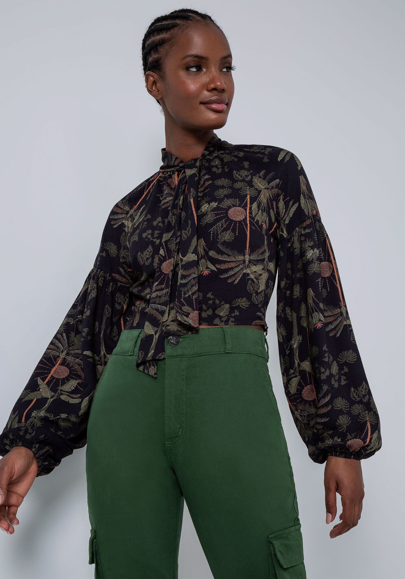 Blusa Cropped Manga Bufante e La&ccedil;o, SONHO TROPICAL, large.