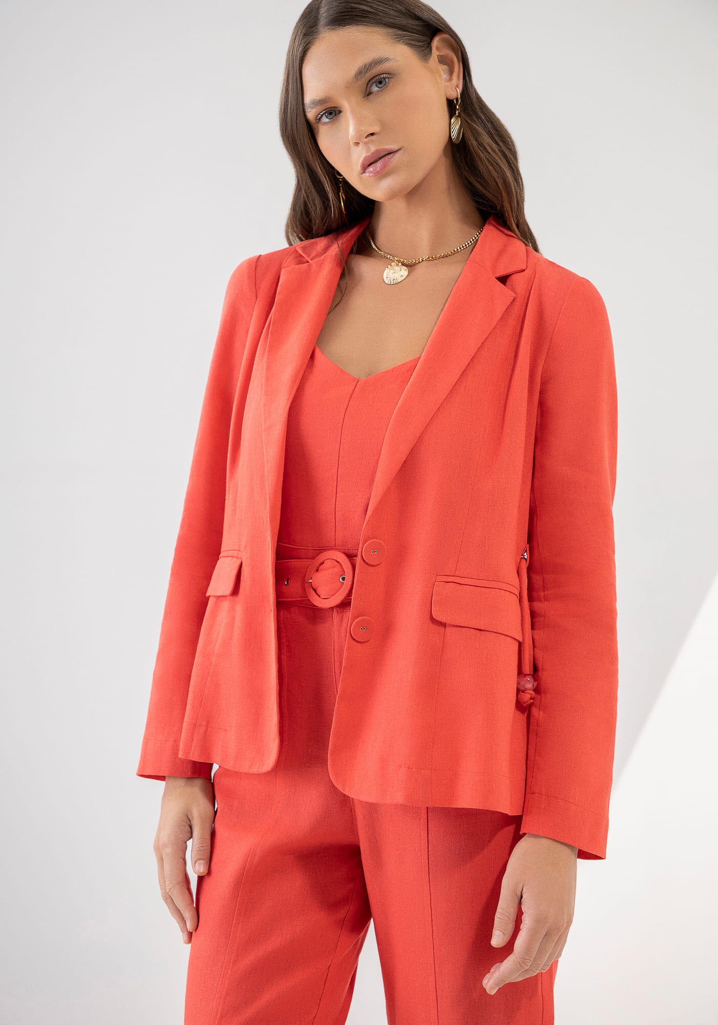 Blazer Alfaiataria em Linho com Cinto, VERMELHO RED HOT, large.