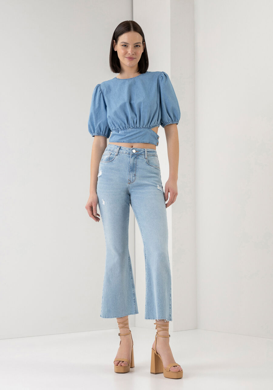 Blusa Jeans Cropped com Franzido e Manga Bufante, . Blusa Jeans Cropped com Franzido e Manga Bufante, , large.