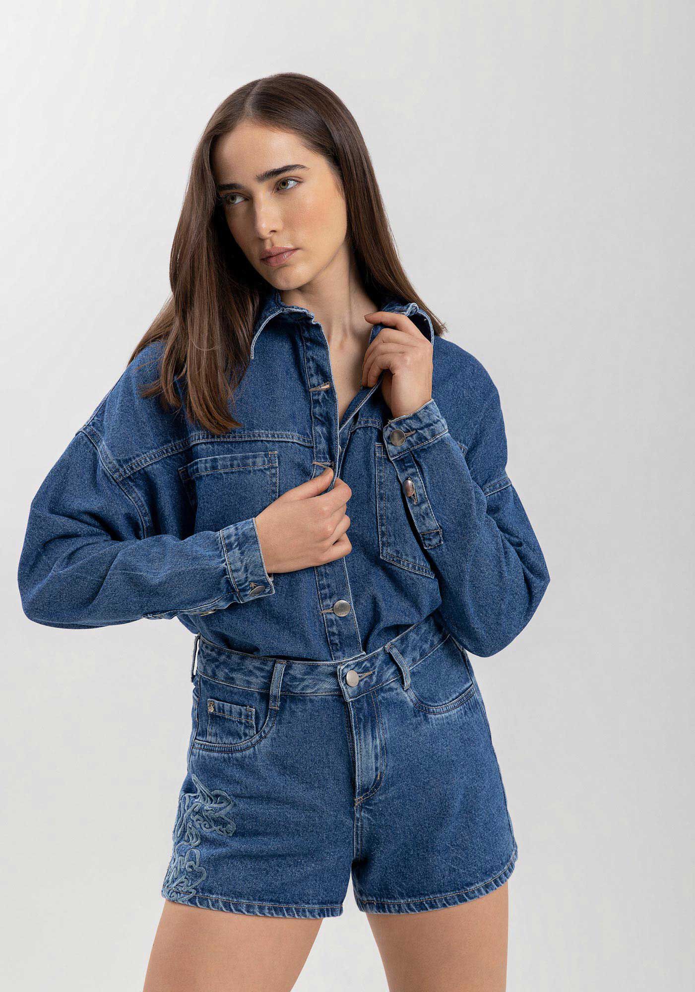 Shorts Jeans Curto Com Cintura Alta E Bordado Lateral, JEANS, large.