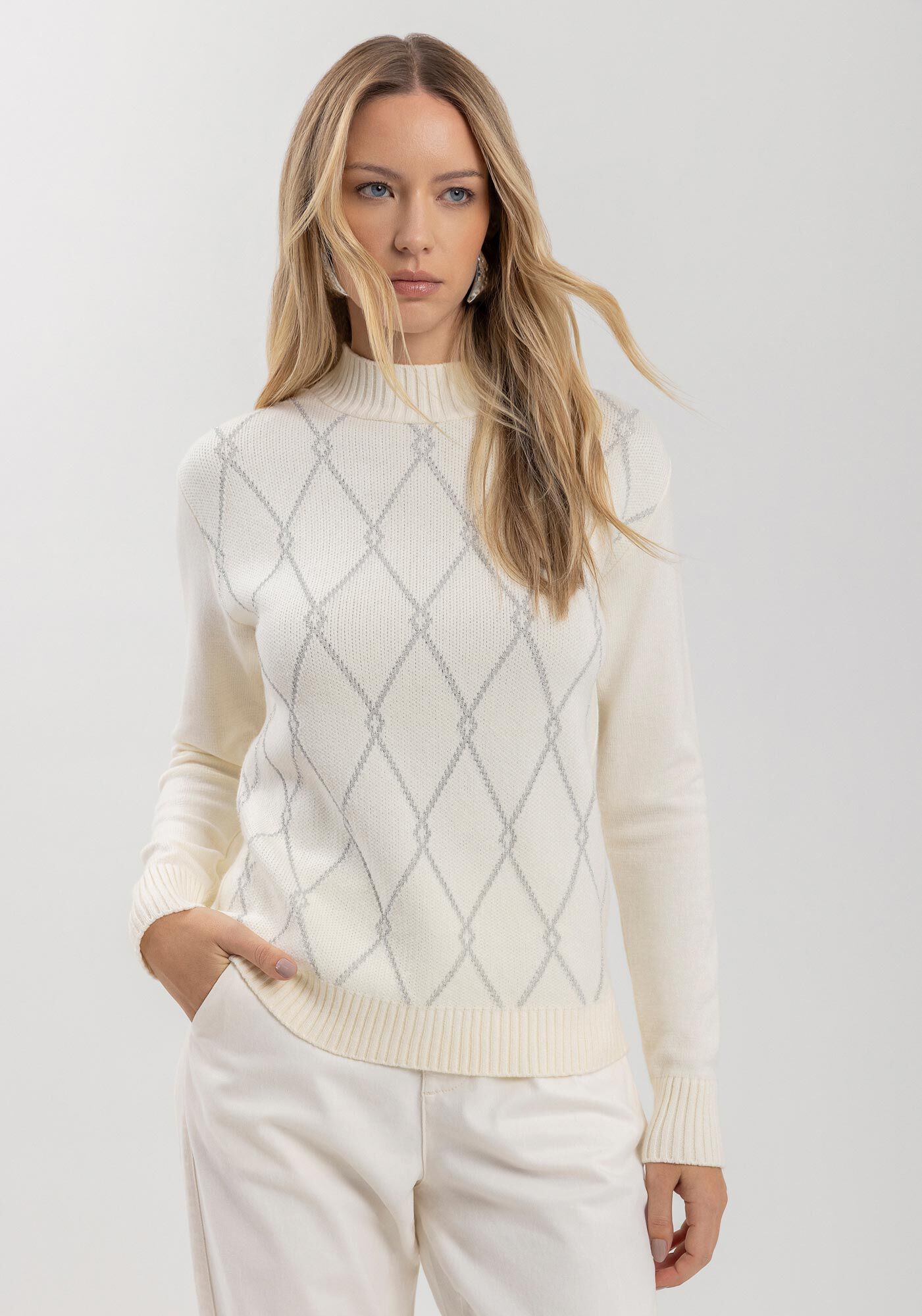 Blus&atilde;o De Mangas Longas Com Fios De Lurex Em Tric&ocirc;, , large.