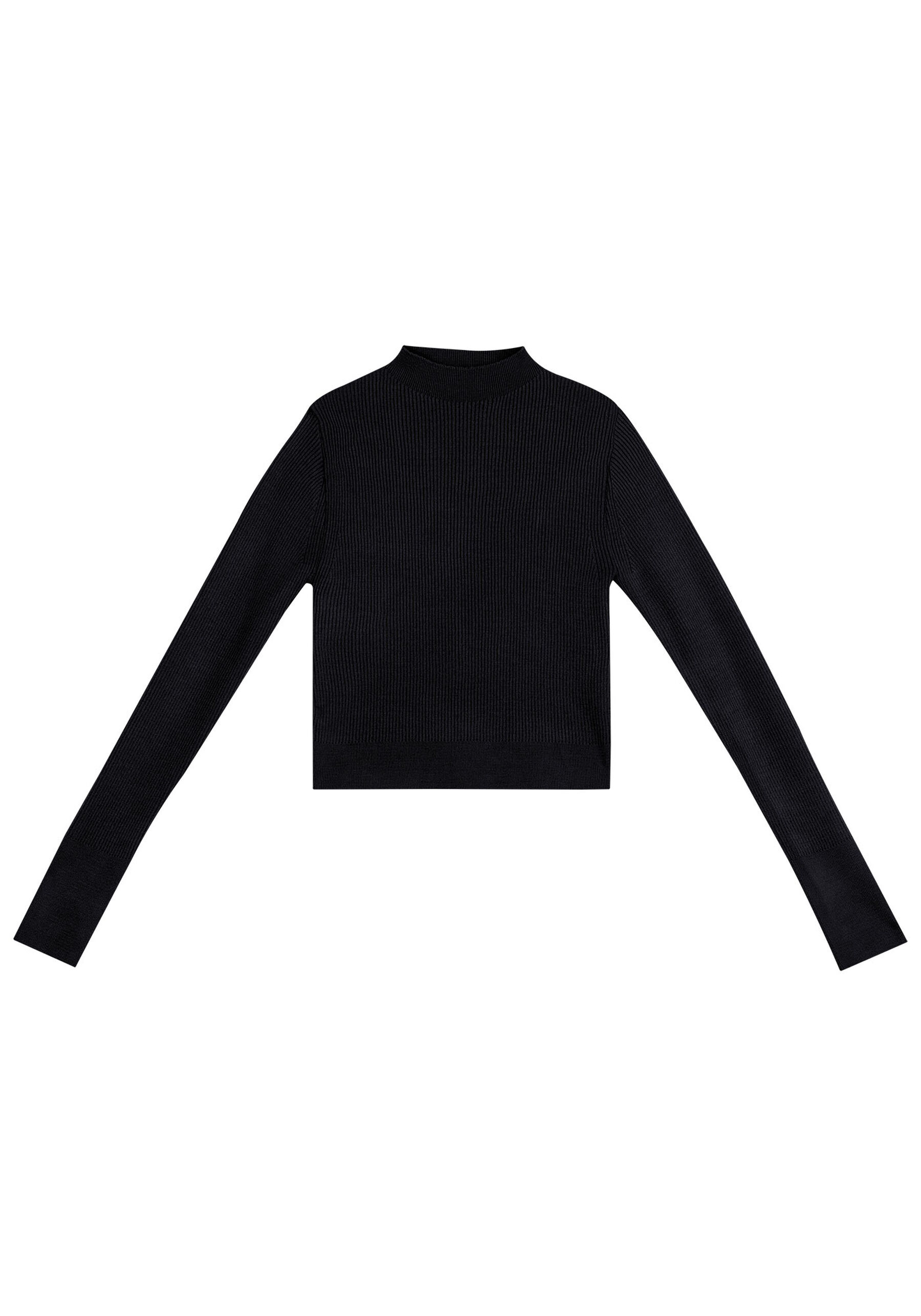 Blusa Manga Longa Cropped em Tricô com Gola Alta, PRETO REATIVO. Blusa Manga Longa Cropped em Tricô com Gola Alta, PRETO REATIVO, large.