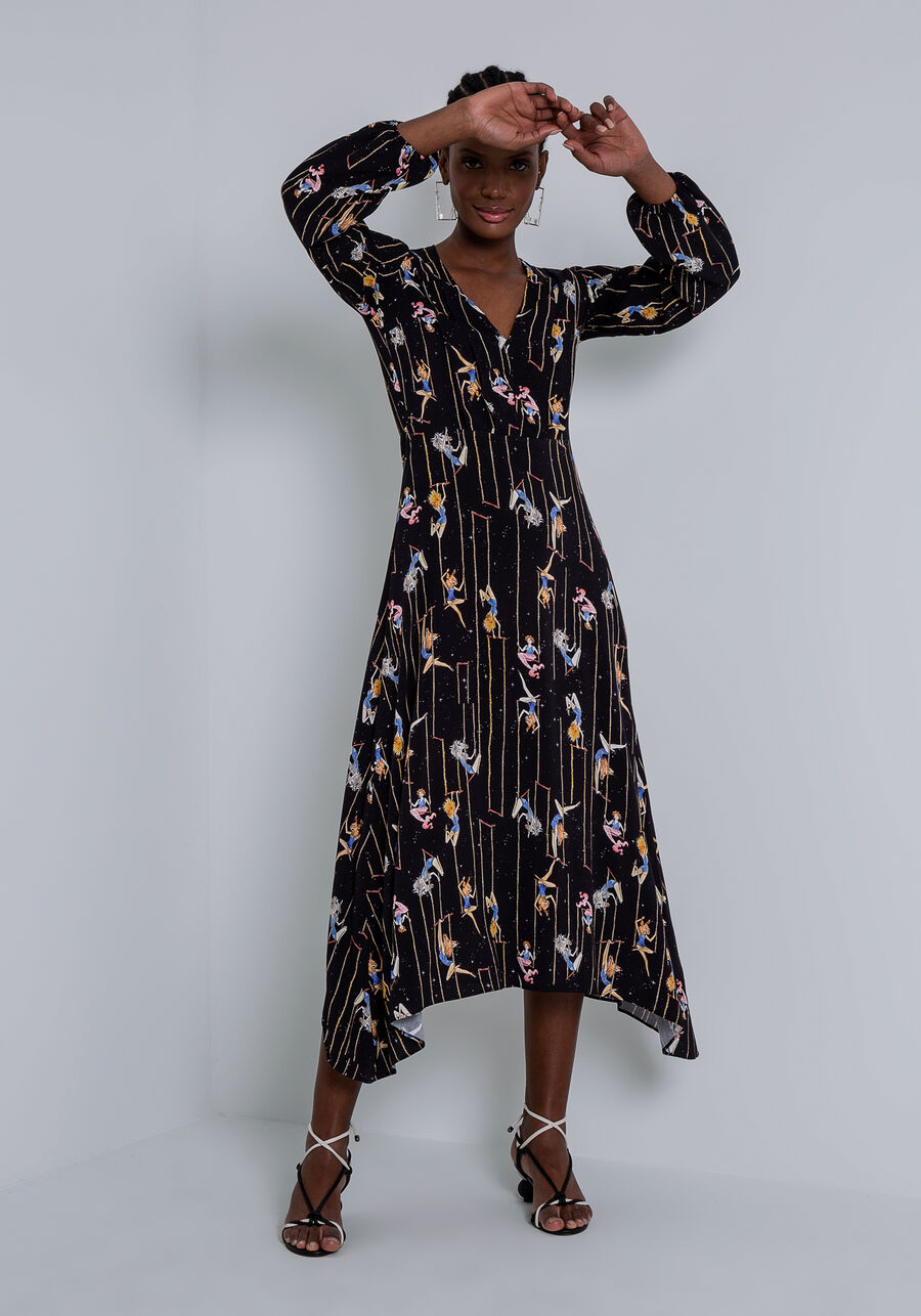 Vestido Longo em Viscose com Manga Longa e Faixa, ACROBATAS. Vestido Longo em Viscose com Manga Longa e Faixa, ACROBATAS, large.