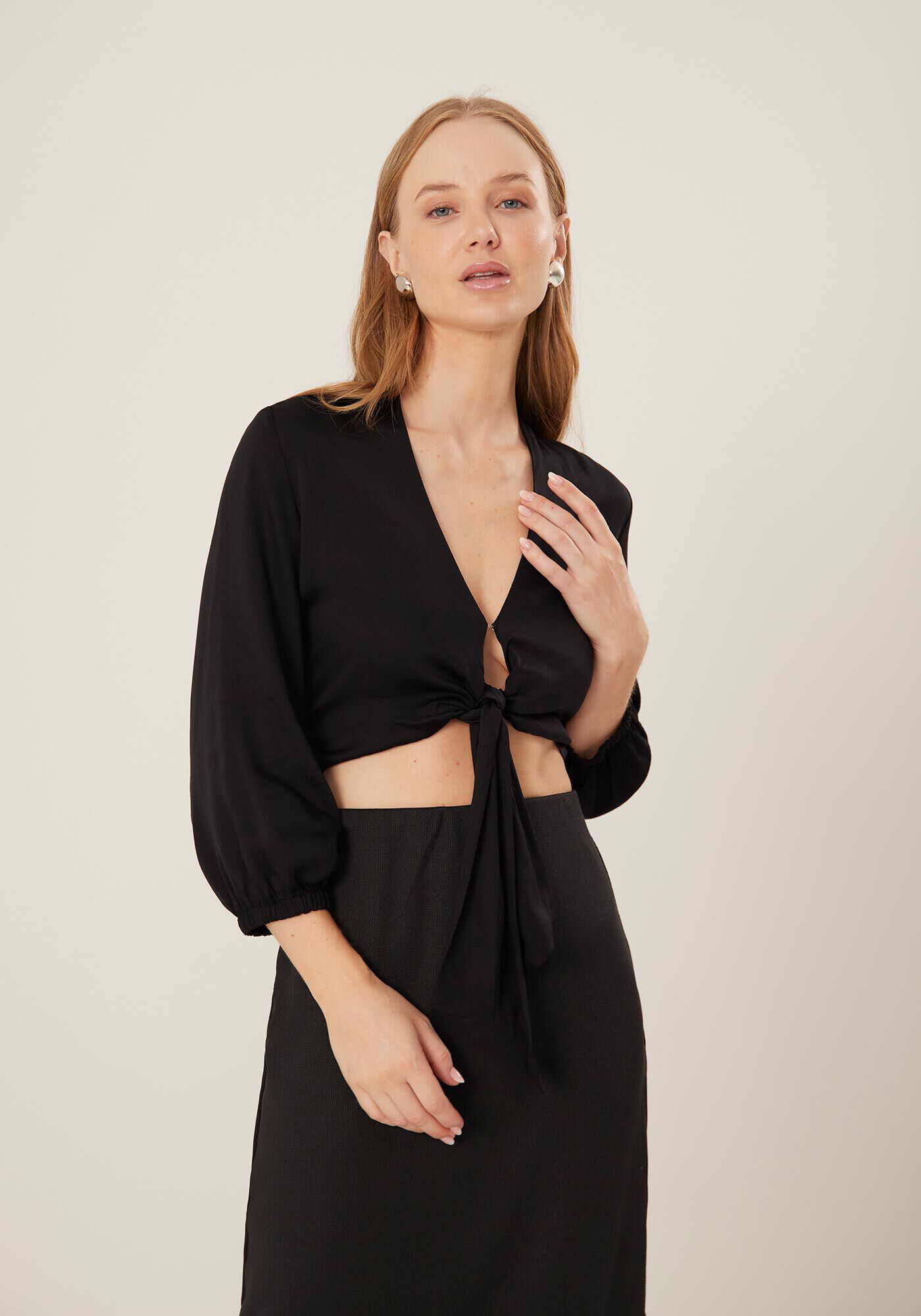 Blusa Cropped Manga 3/4 com Amarra&ccedil;&atilde;o, , large.