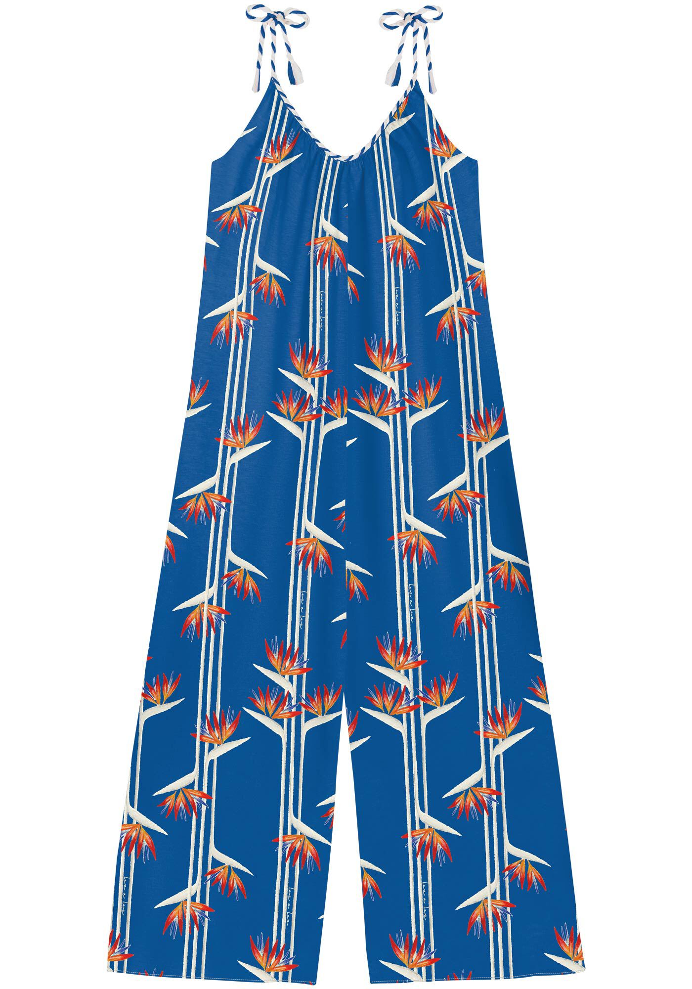 Macac&atilde;o Longo Fluido Estampado Com Al&ccedil;as De Amarrar, STRELIZIA MINI AZUL, large.