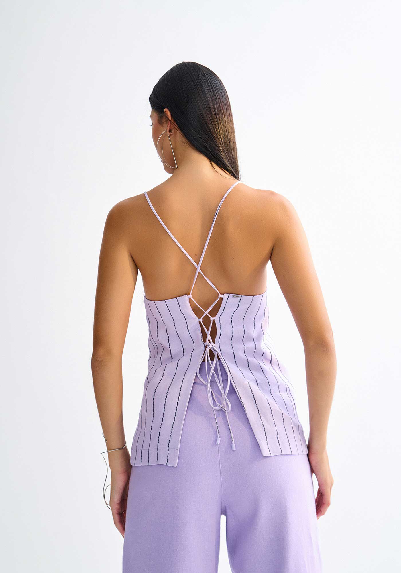 Blusa Estampada em Linho com Amarra&ccedil;&atilde;o Costas, ESSENCE LILAS, large.