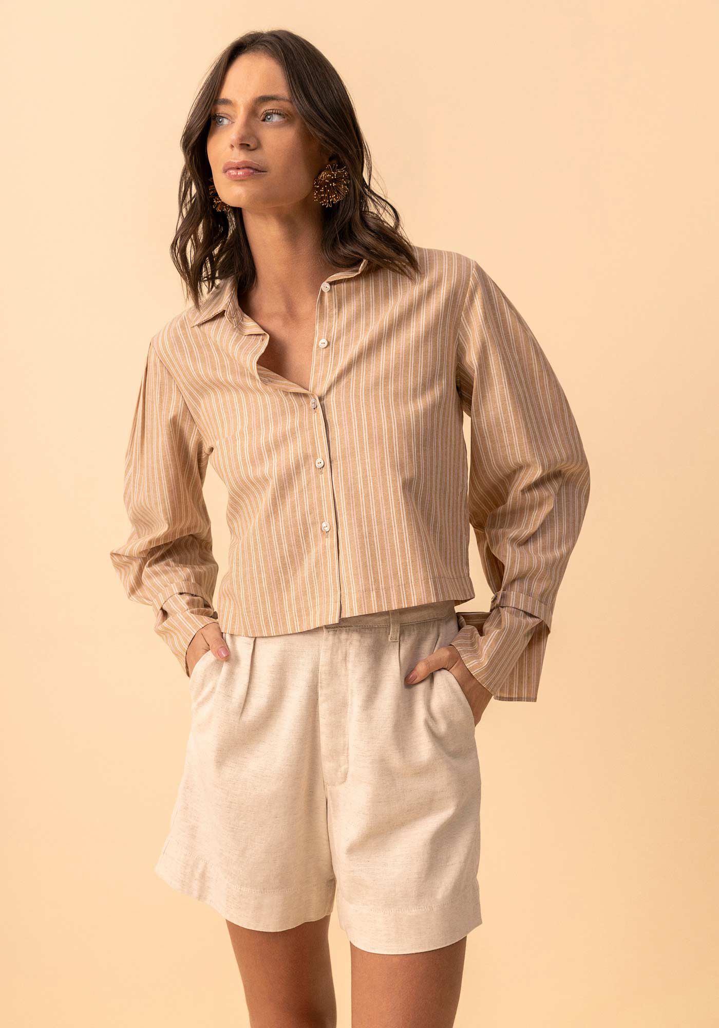 Camisa Curta De Mangas Longas Com Tiras Nos Punhos, MARROM ESPERADO, large.