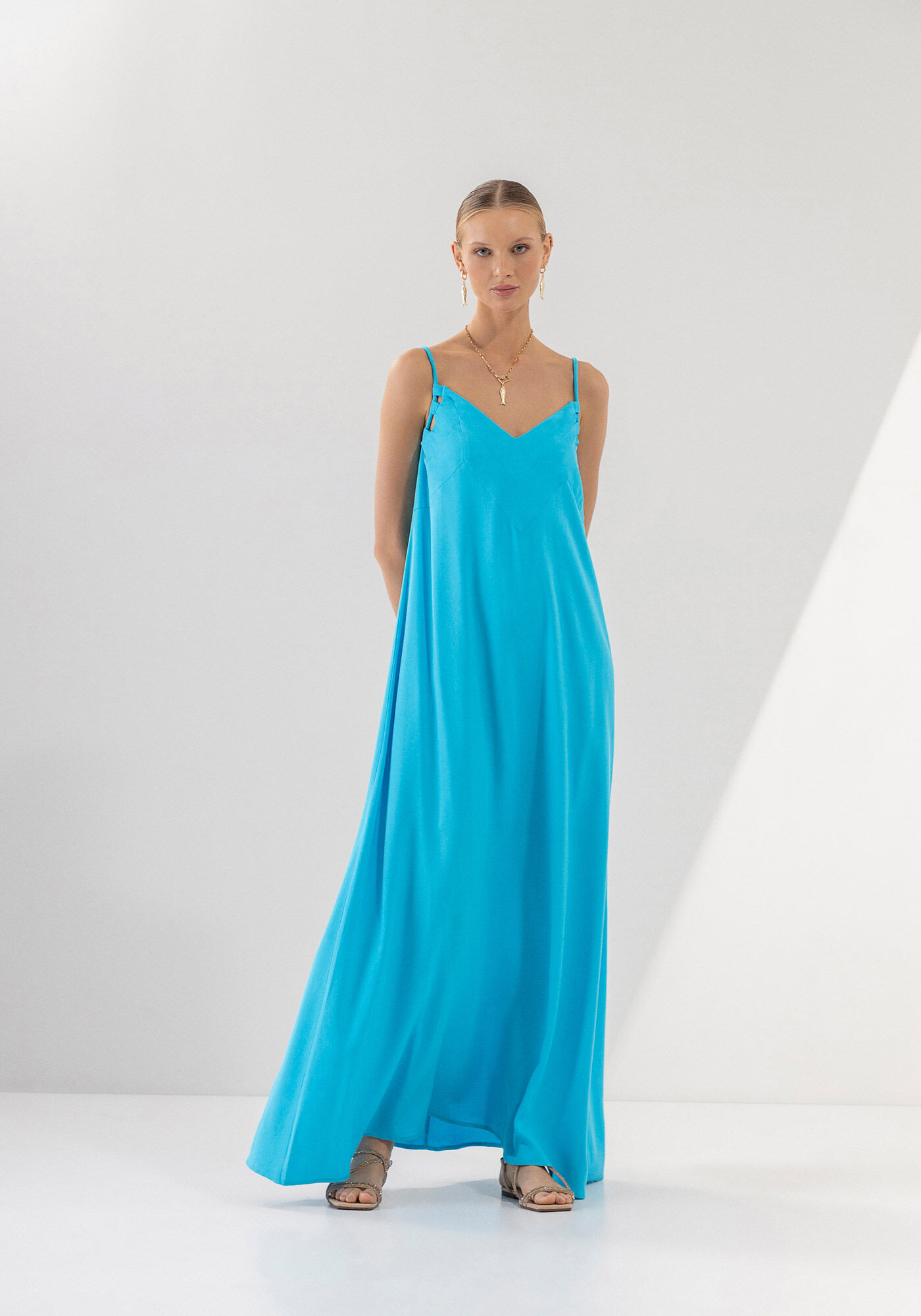 Vestido Longo Amplo em Crepe com Cinto Corda, , large.