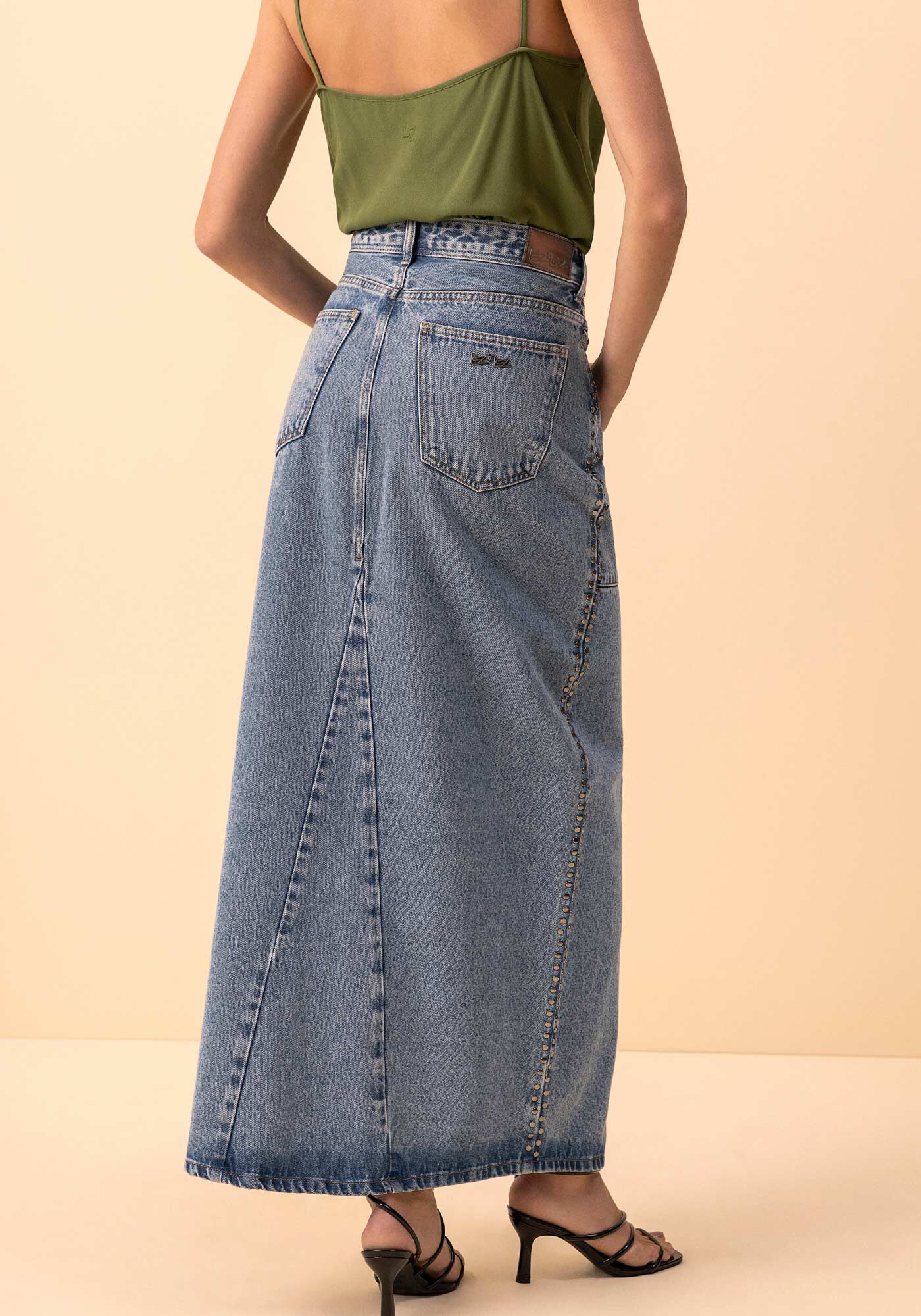 Saia Jeans Longa De Cintura Alta Com Fenda E Aplica&ccedil;&otilde;es, JEANS, large.