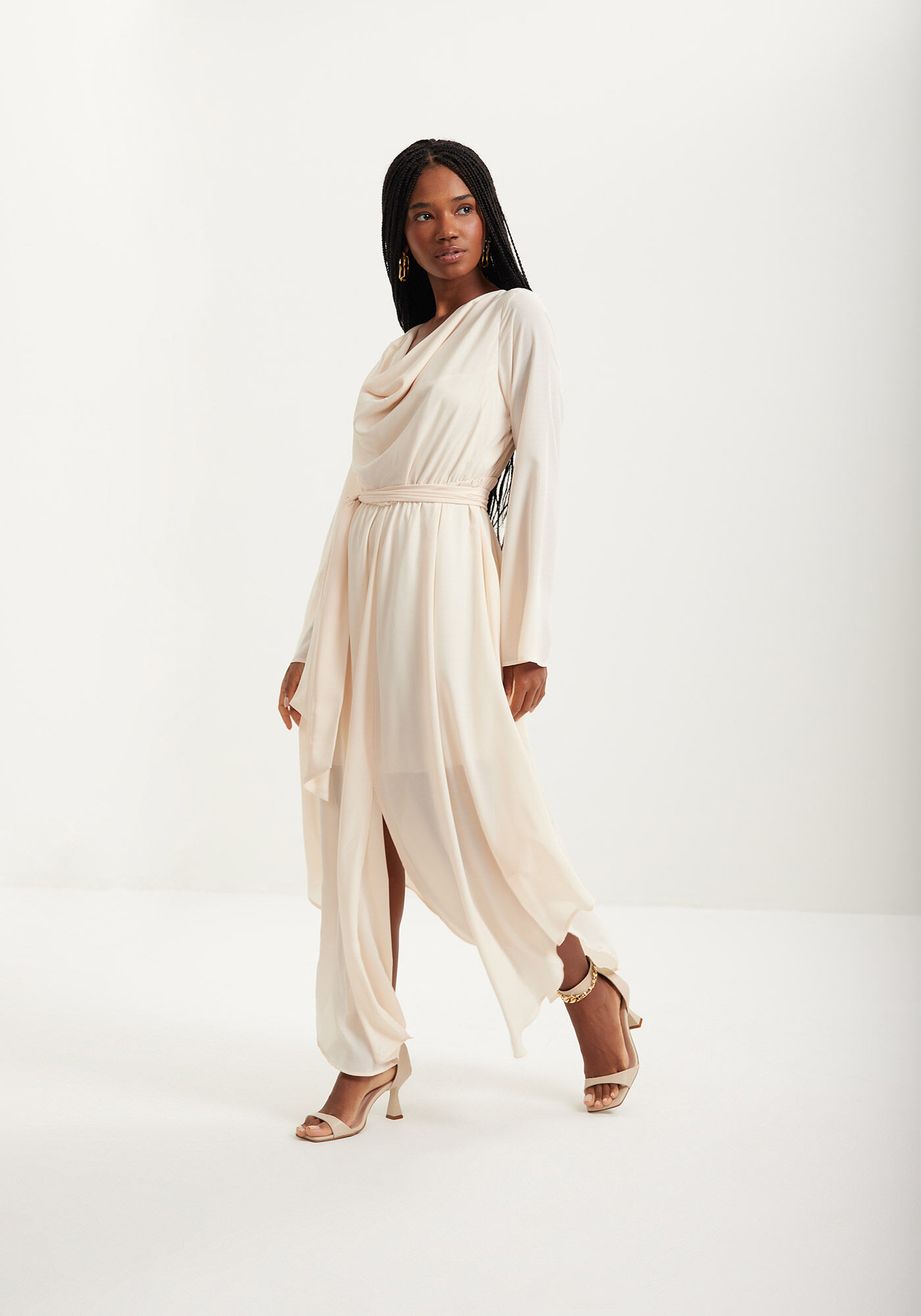 Vestido Longo De Mangas Com Gola Degag&ecirc; Em Chiffon, , large.